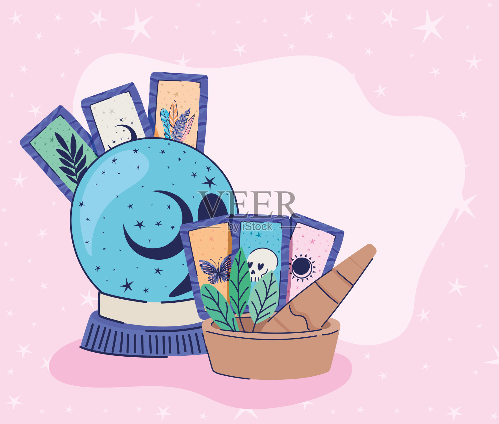 水晶球，研钵，杵和深奥的卡片插画图片素材