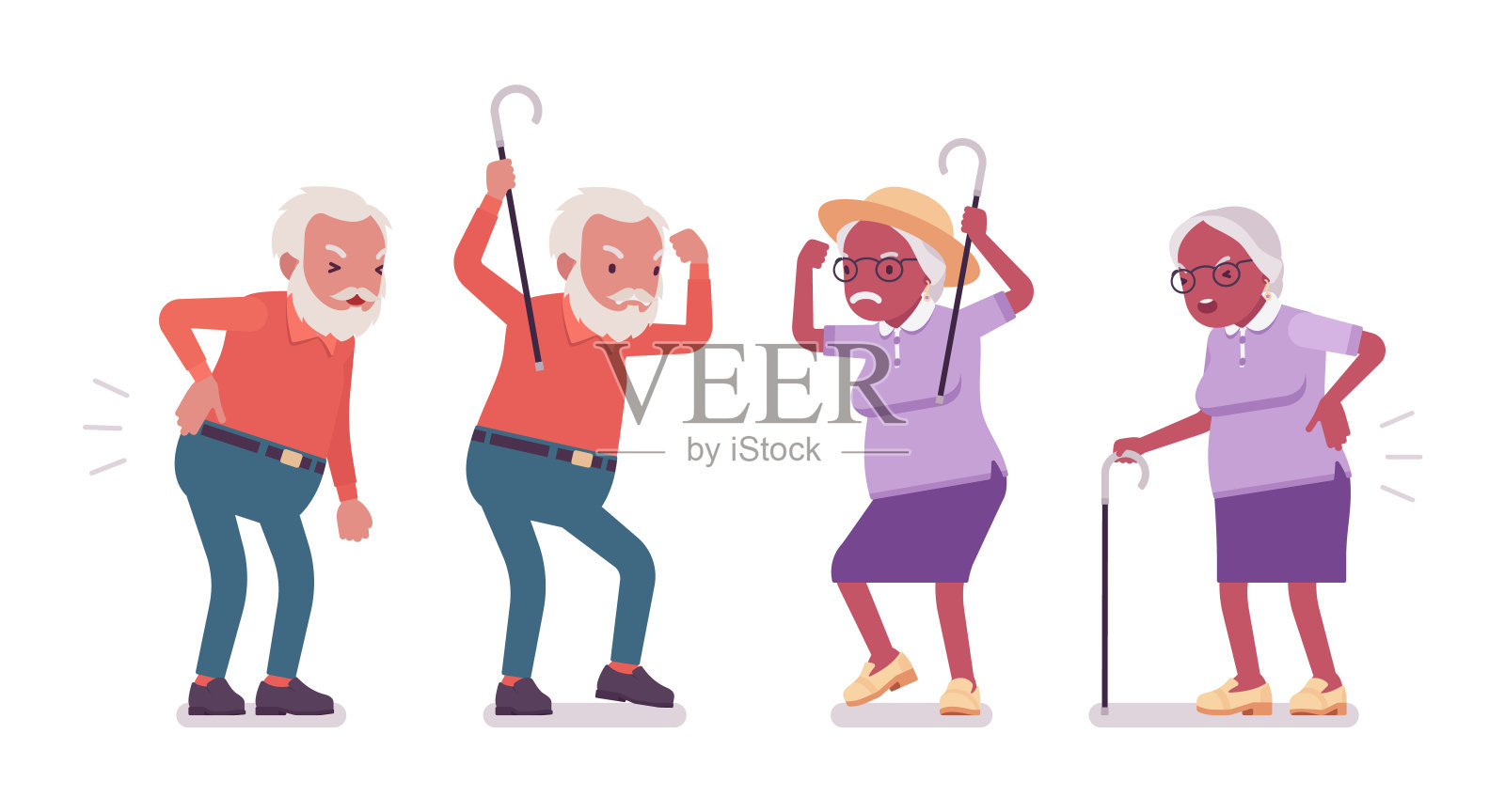 老人、妇女、老人带着拐杖，背部疼痛插画图片素材
