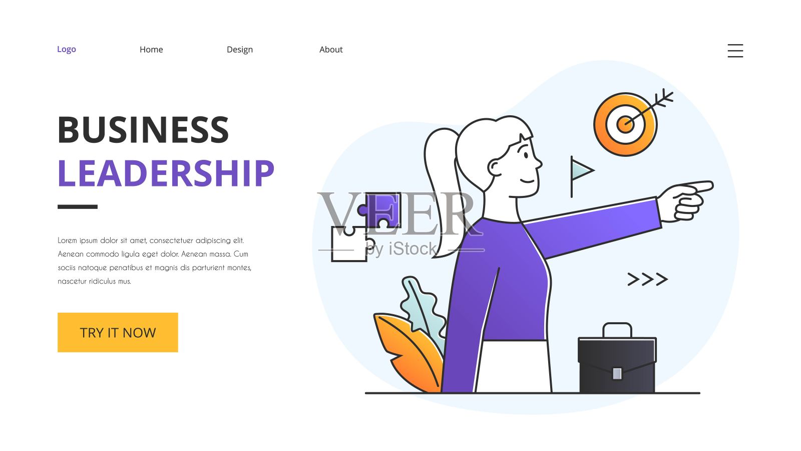 领导理念与雄心勃勃的成功的女商人指向前面插画图片素材