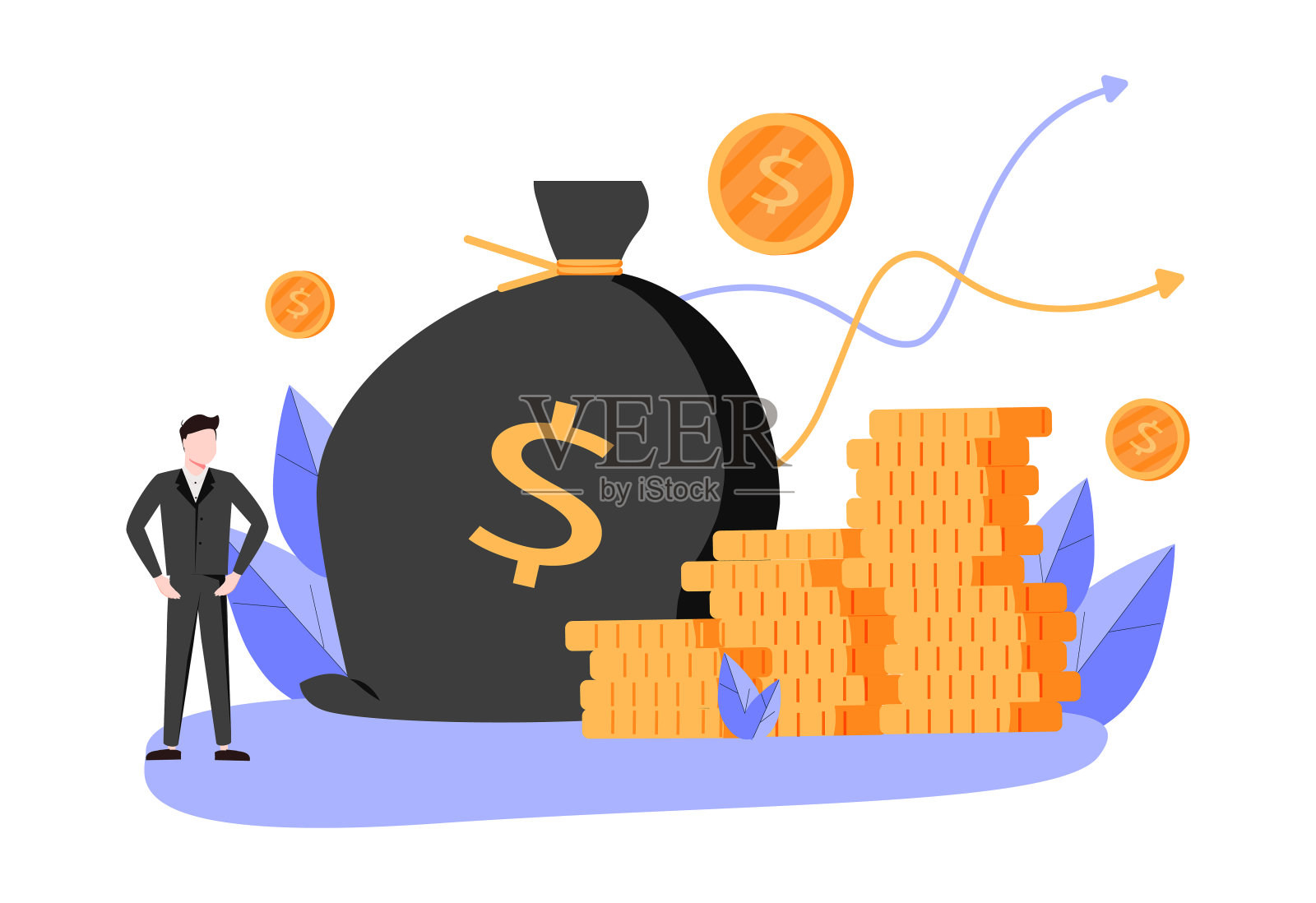 收入增长和利润收益作为财务进步的微小人概念。象征性向上的箭头作为工资、存款或帐户货币上涨和财富增长的矢量插图。成功的商人。插画图片素材