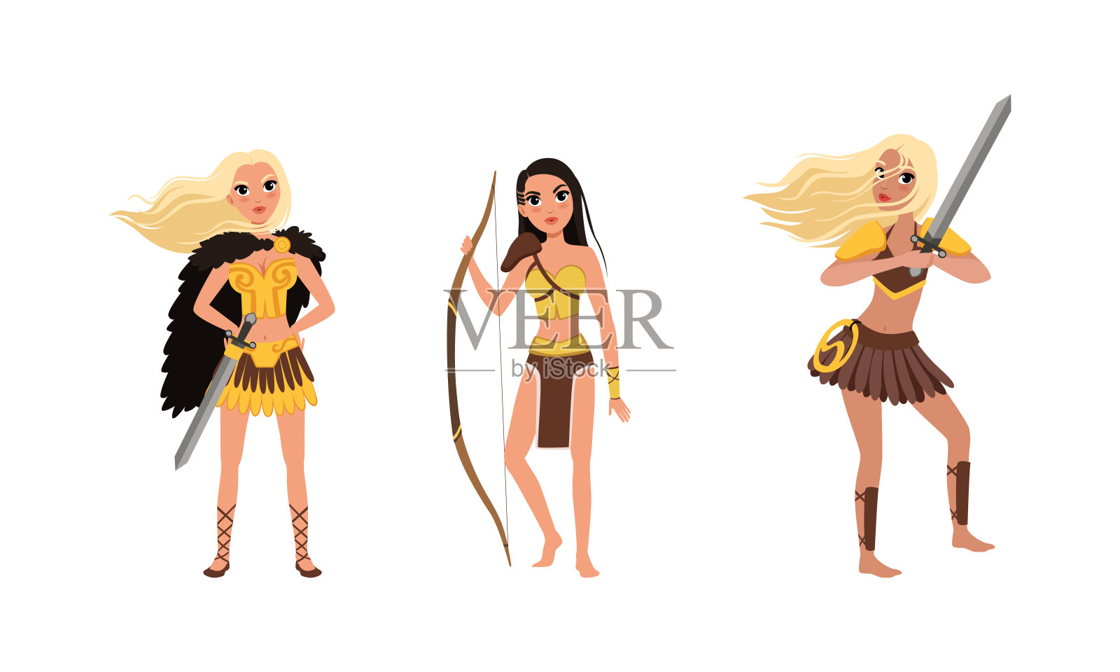 美丽的亚马逊女孩收集，女性古代武士人物站与弓和剑卡通矢量插图插画图片素材