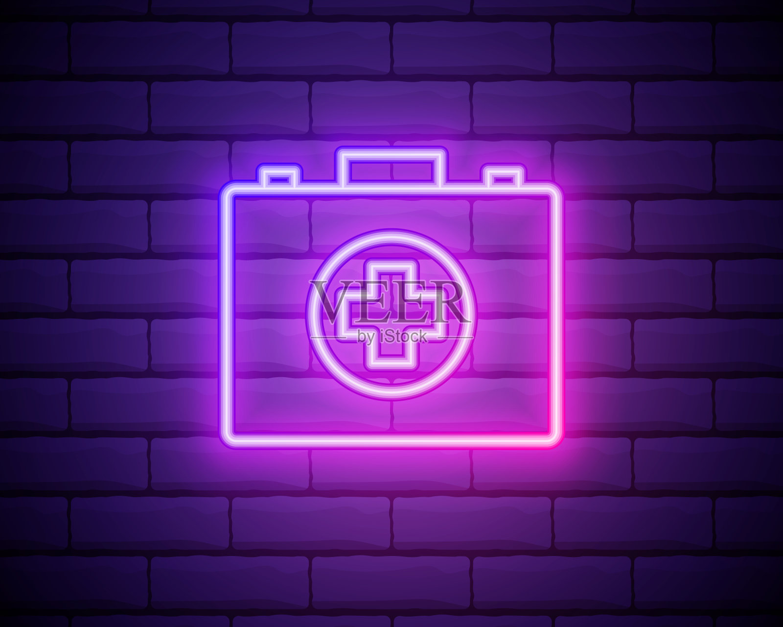 霓虹灯线急救箱图标孤立在砖墙的背景上。十字医疗箱。应急医疗设备。医疗保健的概念。矢量图插画图片素材