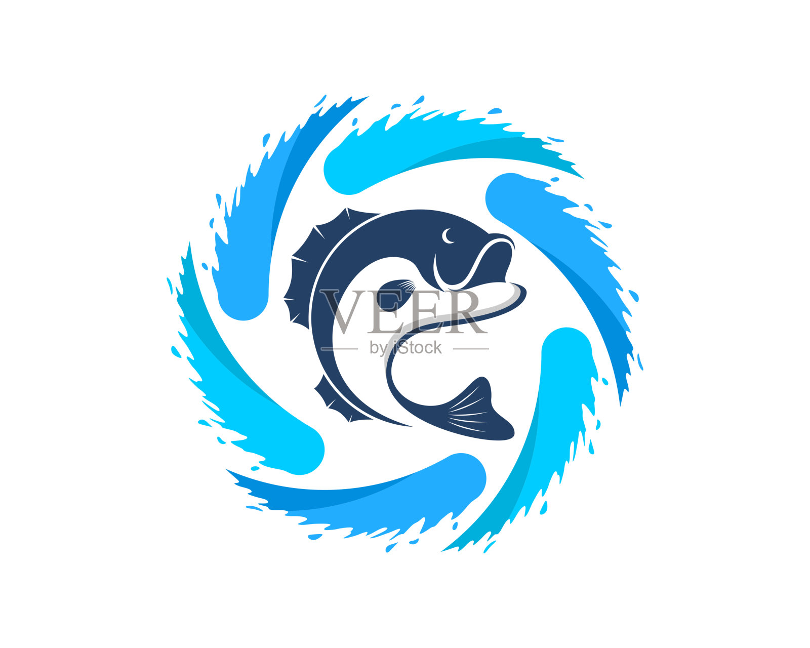 圆形水花和跳跃的鱼在中间插画图片素材