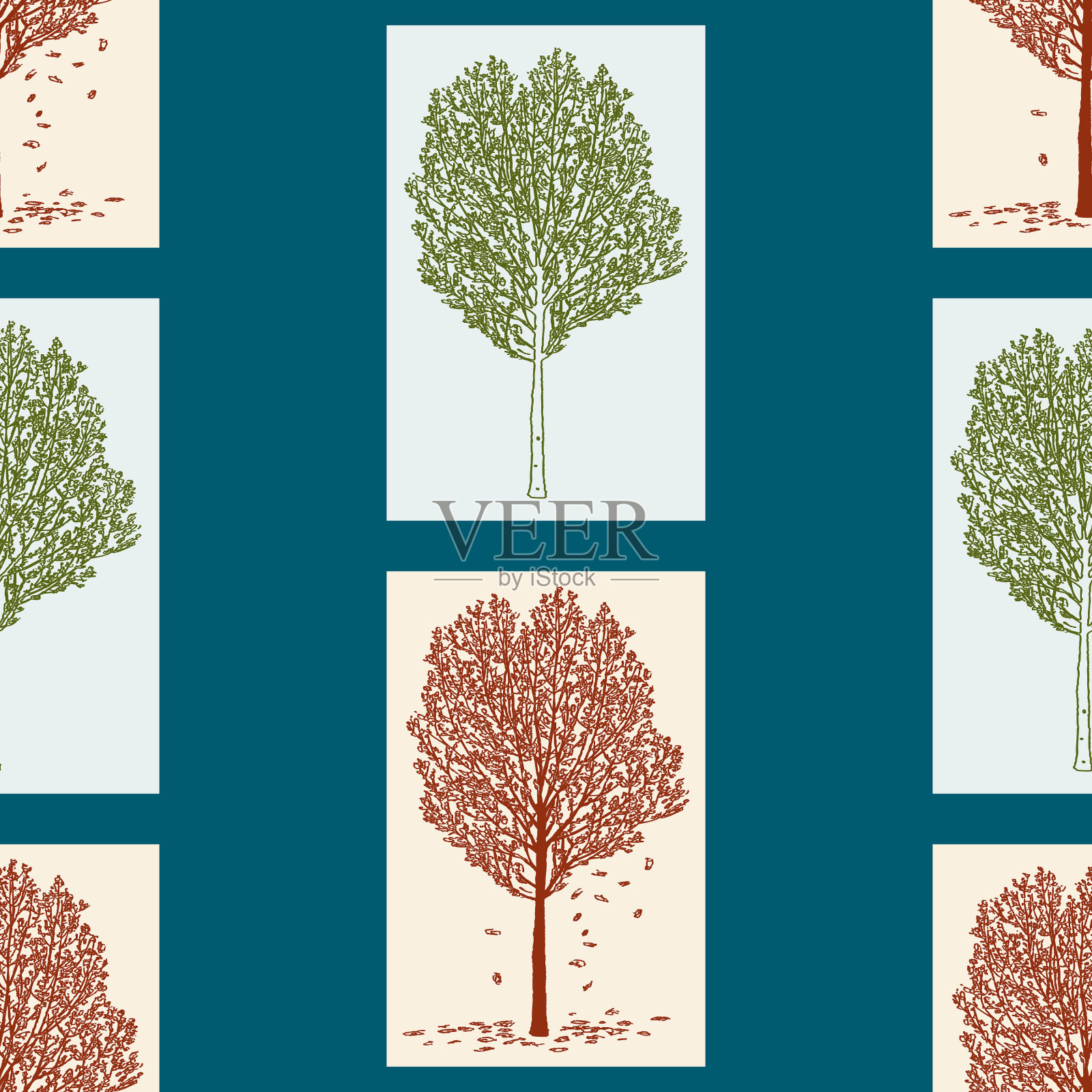 春季落叶乔木无缝隙格局插画图片素材