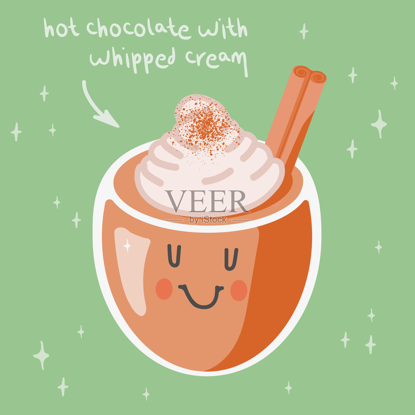 热巧克力和鲜奶油分开在柔和的绿色背景插画图片素材