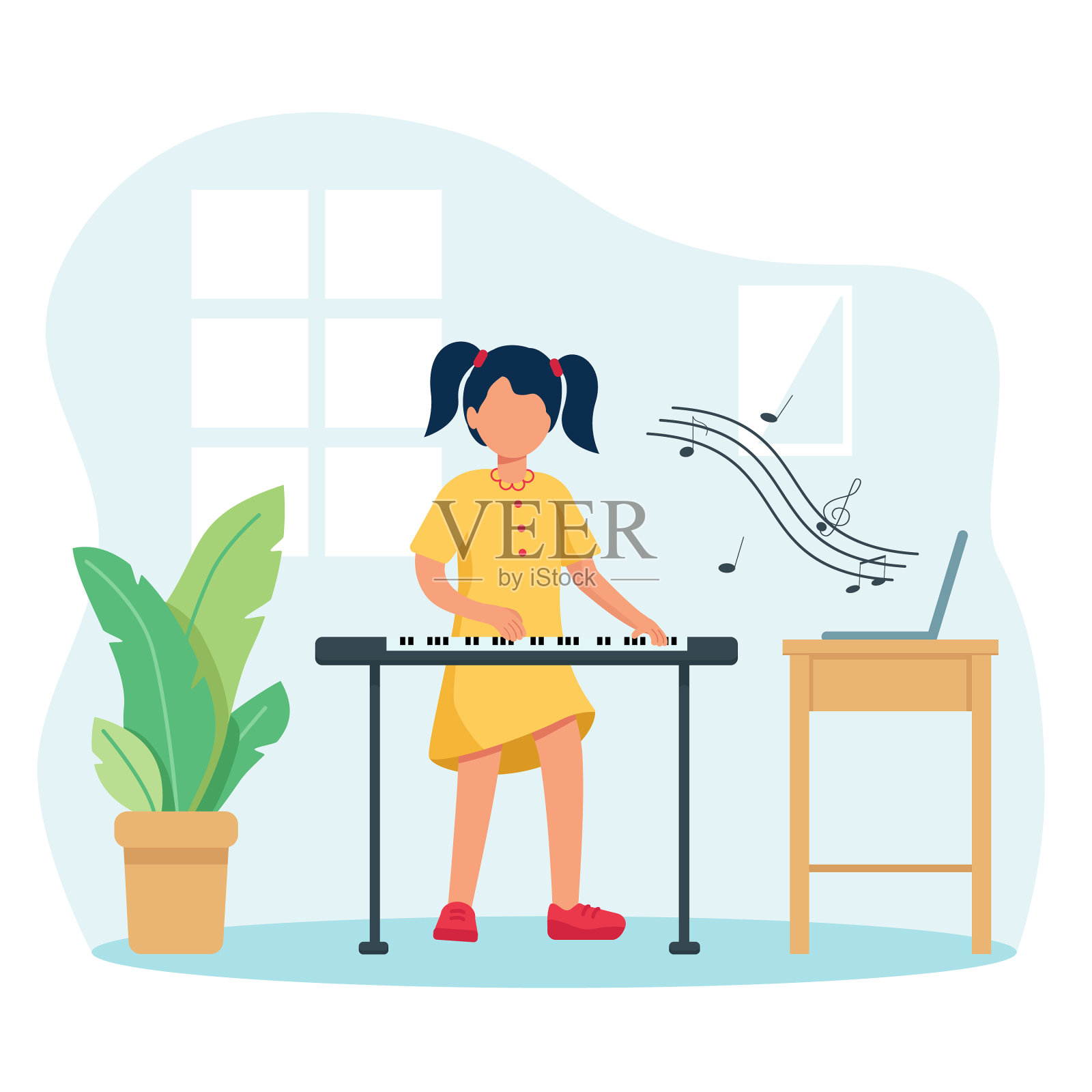 可爱的女孩，年轻的女孩或青少年在家玩电子合成器插画图片素材