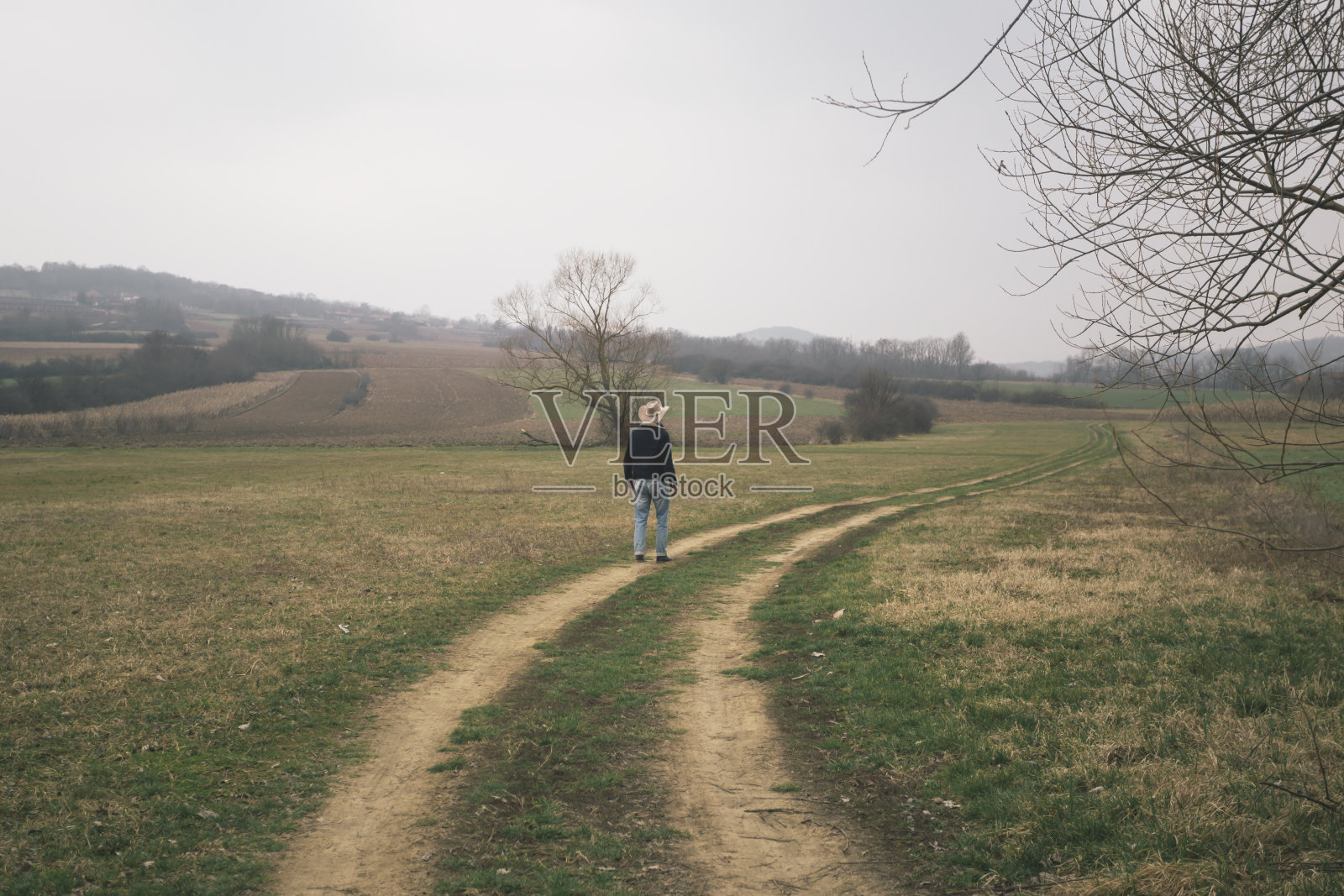 英俊的成年农民戴着牛仔帽走在穿过农田的土路上照片摄影图片