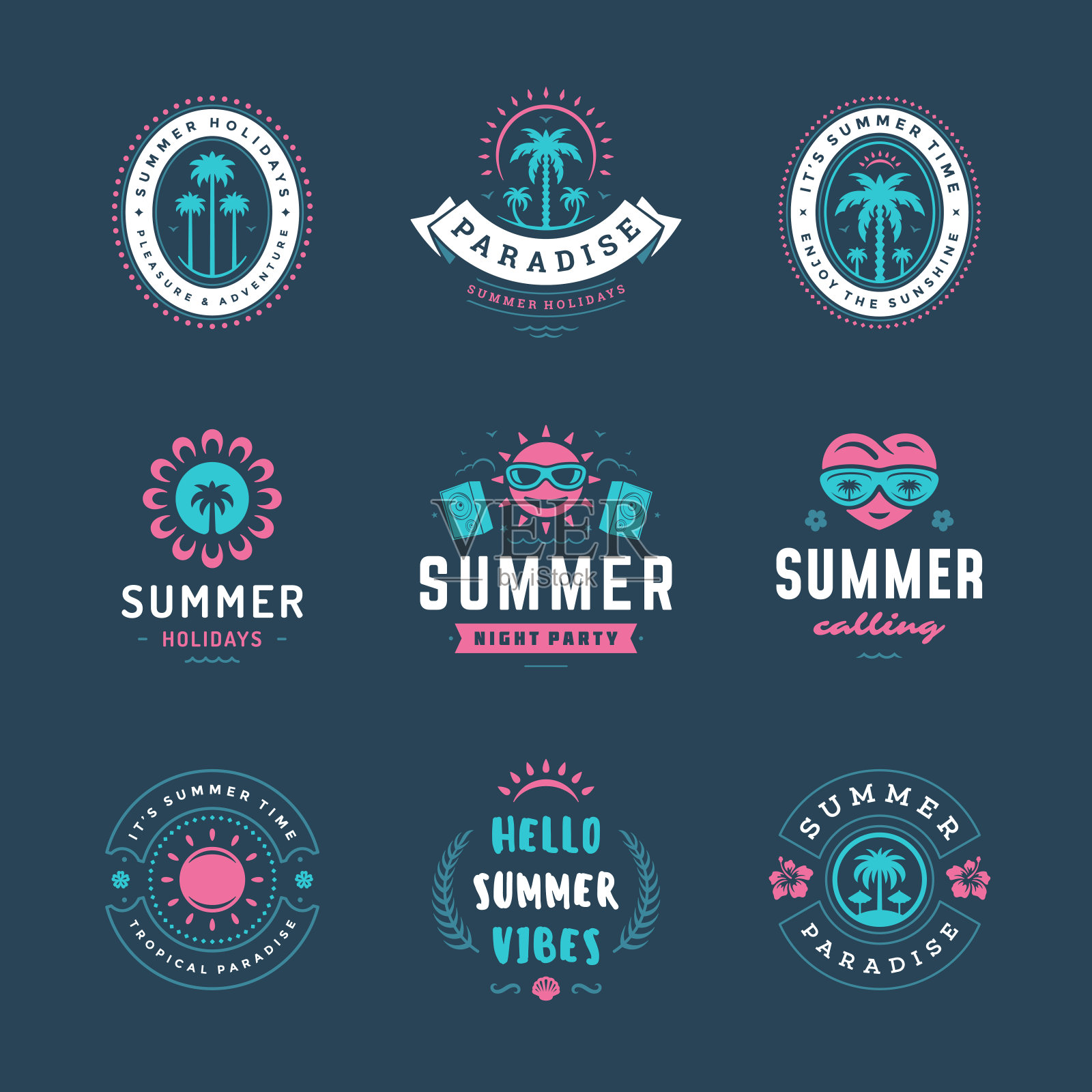 暑假标签和徽章复古排版设计集插画图片素材