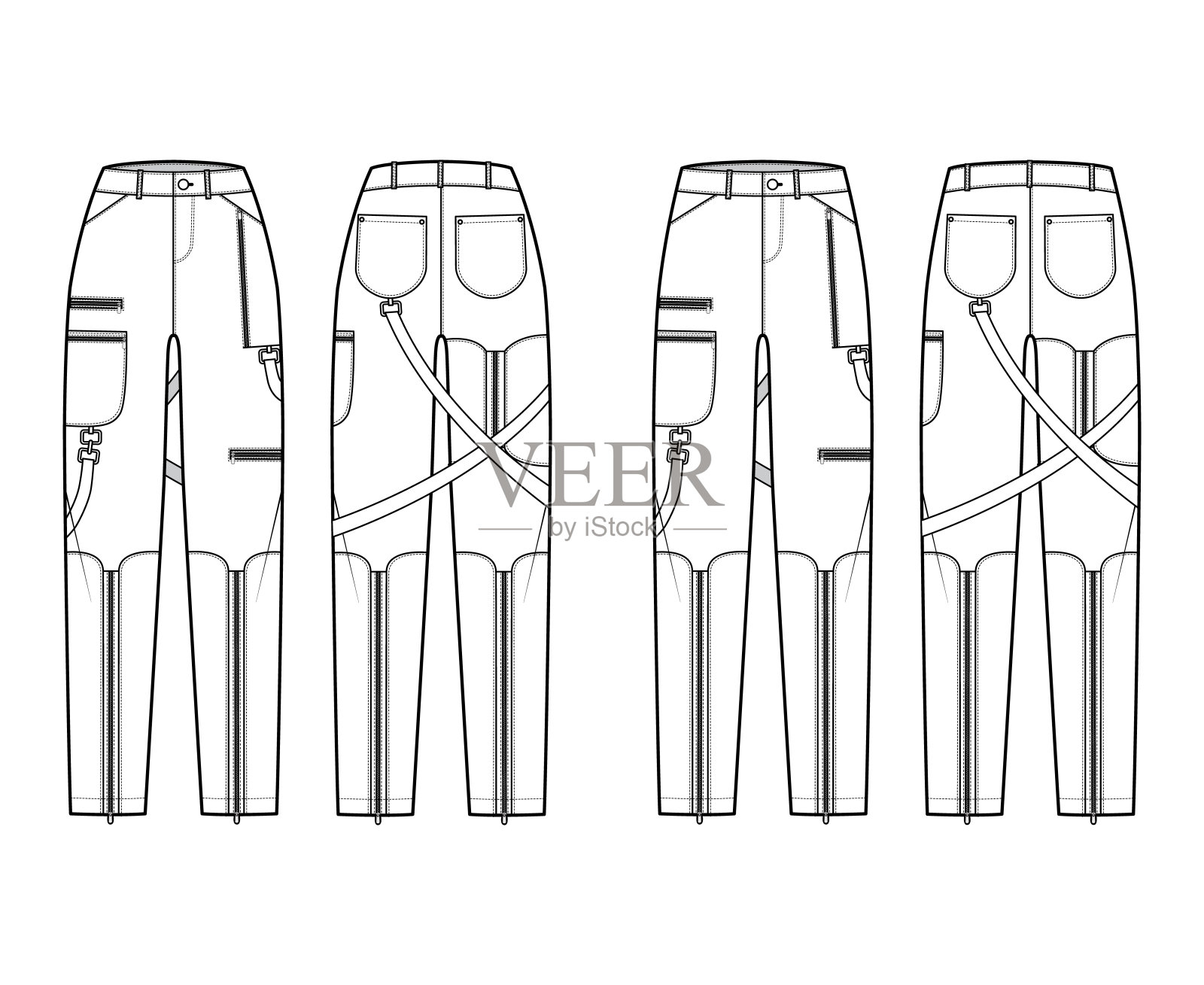 捆绑裤子技术时尚插图与正常低腰，高rise，口袋，皮带环，全长插画图片素材