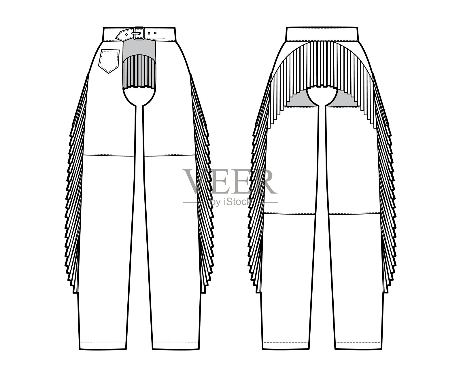 裤子牛仔chaps技术时尚插图与普通腰带腰，高腰，流苏，全长。平底插画图片素材