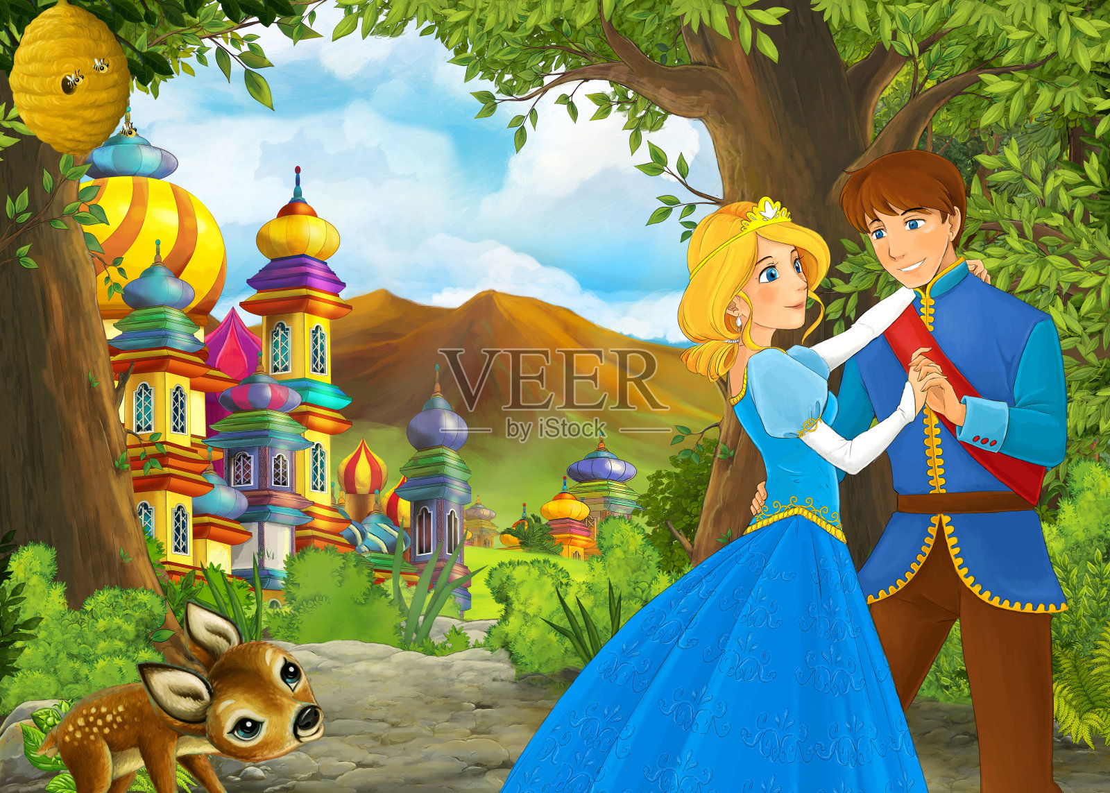 卡通自然景观与美丽的城堡与王子和公主插图插画图片素材