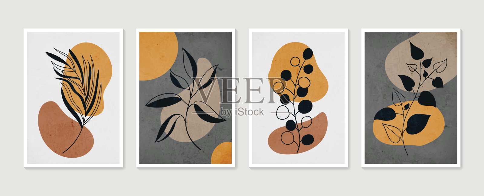 当代艺术海报收藏。植物墙艺术向量集。简约自然的墙壁艺术。植物艺术设计版画、墙纸、封面。现代向量插图。插画图片素材
