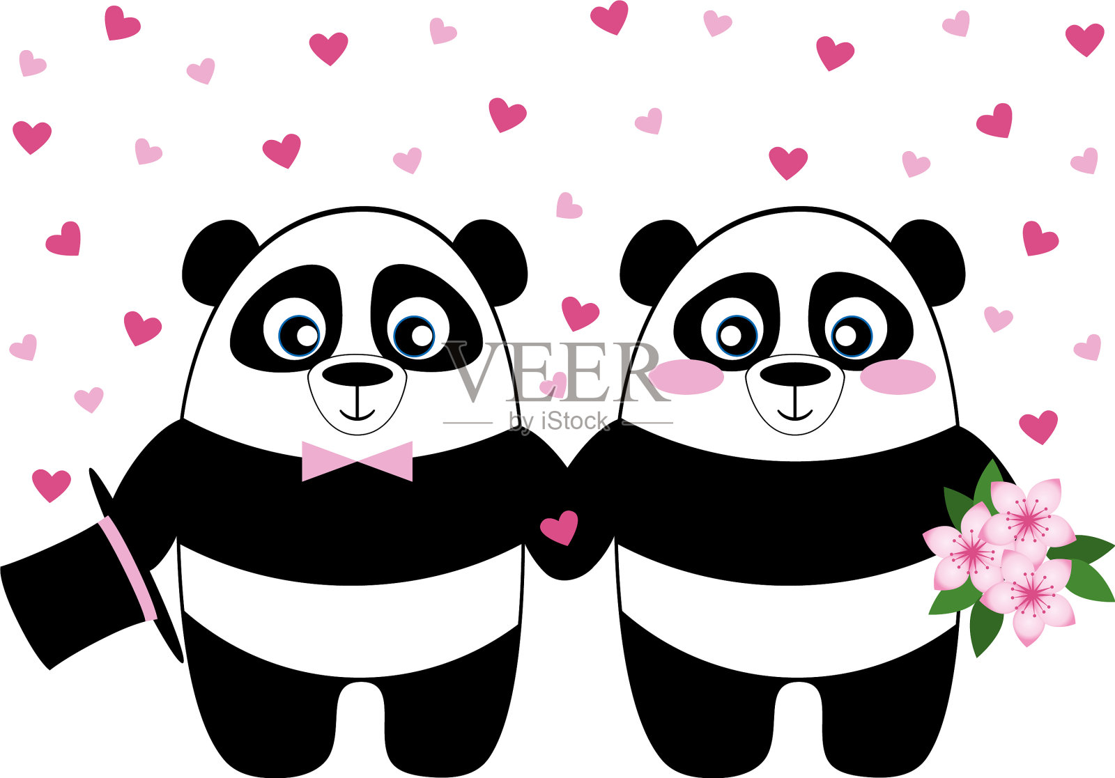 浪漫可爱的熊猫牵着手插画图片素材