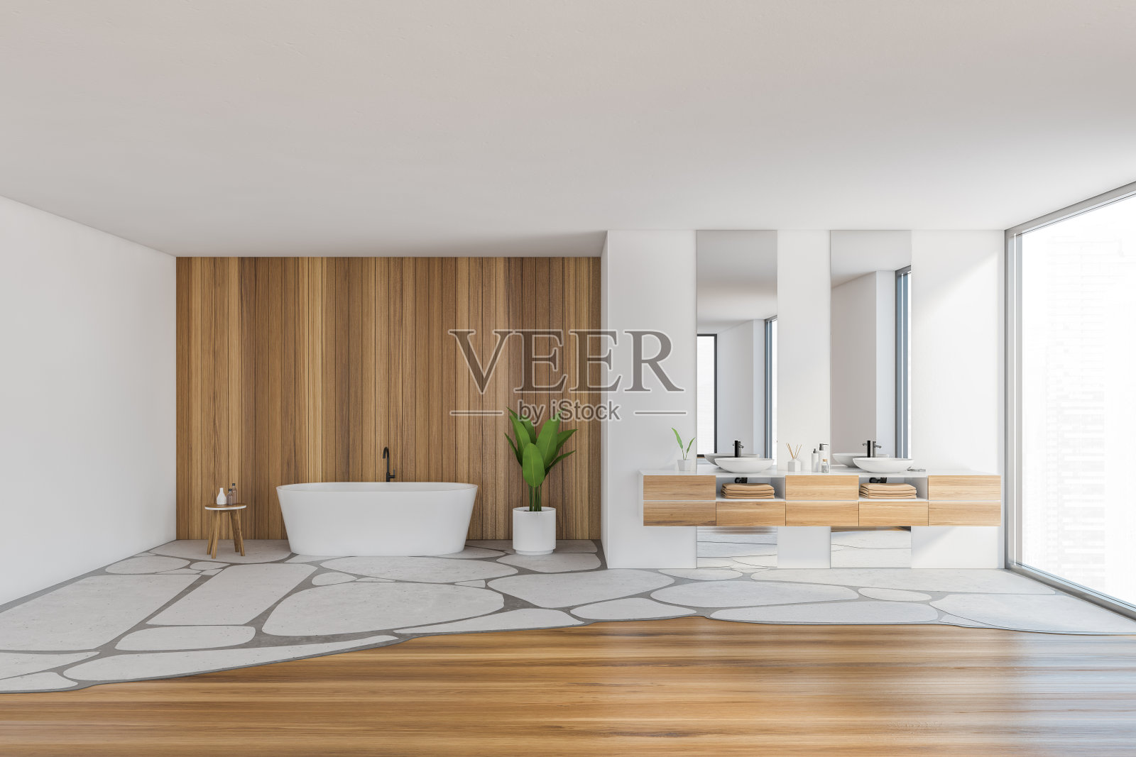 白色木质浴室，浴缸和水池靠近窗户照片摄影图片