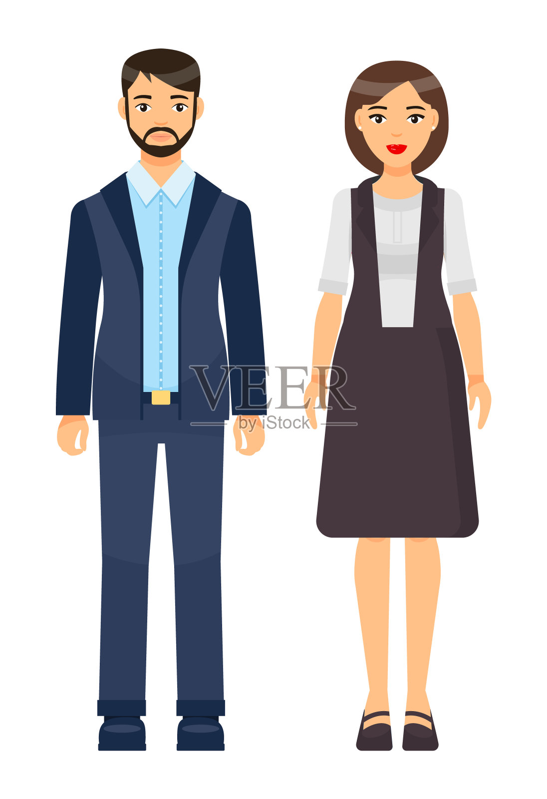 一套卡通办公室职员穿着办公服装，女商人和商人收藏，图标插画图片素材