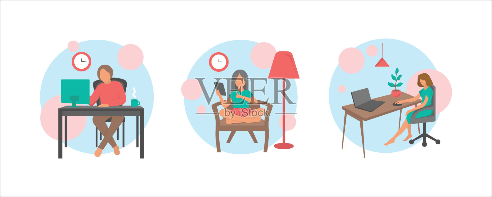 人们在家办公矢量平面插图。自由职业者角色在家工作。在笔记本电脑上工作的年轻男女自由职业者。插画图片素材