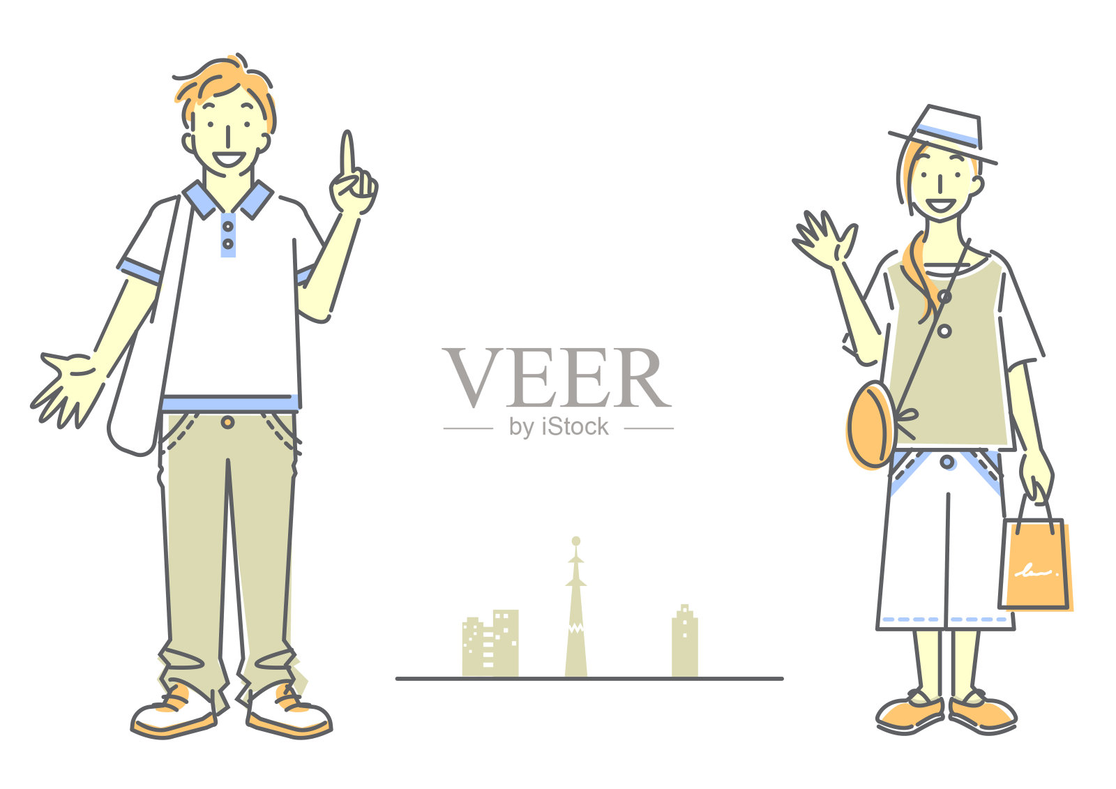 年轻情侣旅行，简单的线条艺术插画图片素材