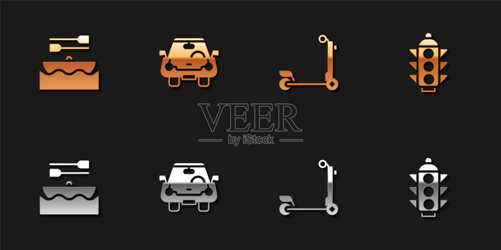 Set Boat with oars, Car, Scooter and Traffic light图标。向量插画图片素材