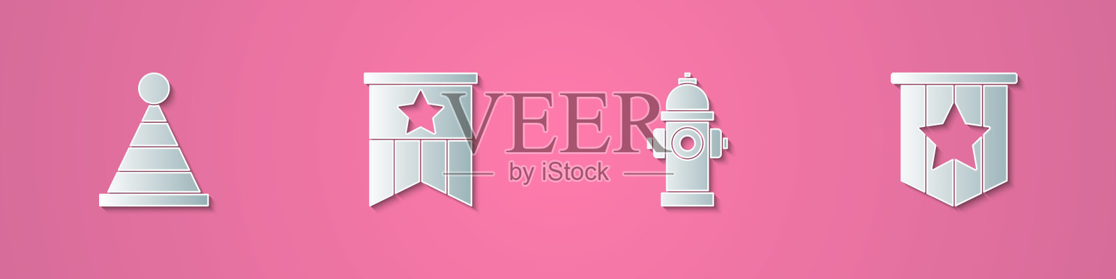 设置剪纸帽，美国国旗，消防栓和图标。纸艺术风格。向量图标素材