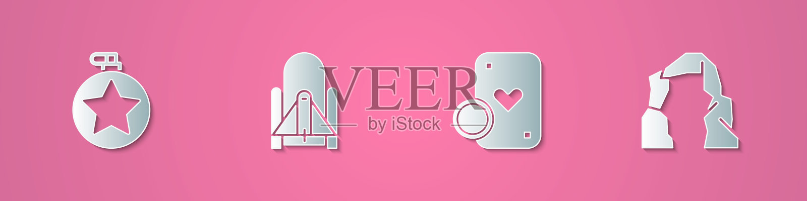 设置剪纸水壶水壶，火箭发射从太空港，赌场芯片和扑克牌和大峡谷图标。纸艺术风格。向量图标素材