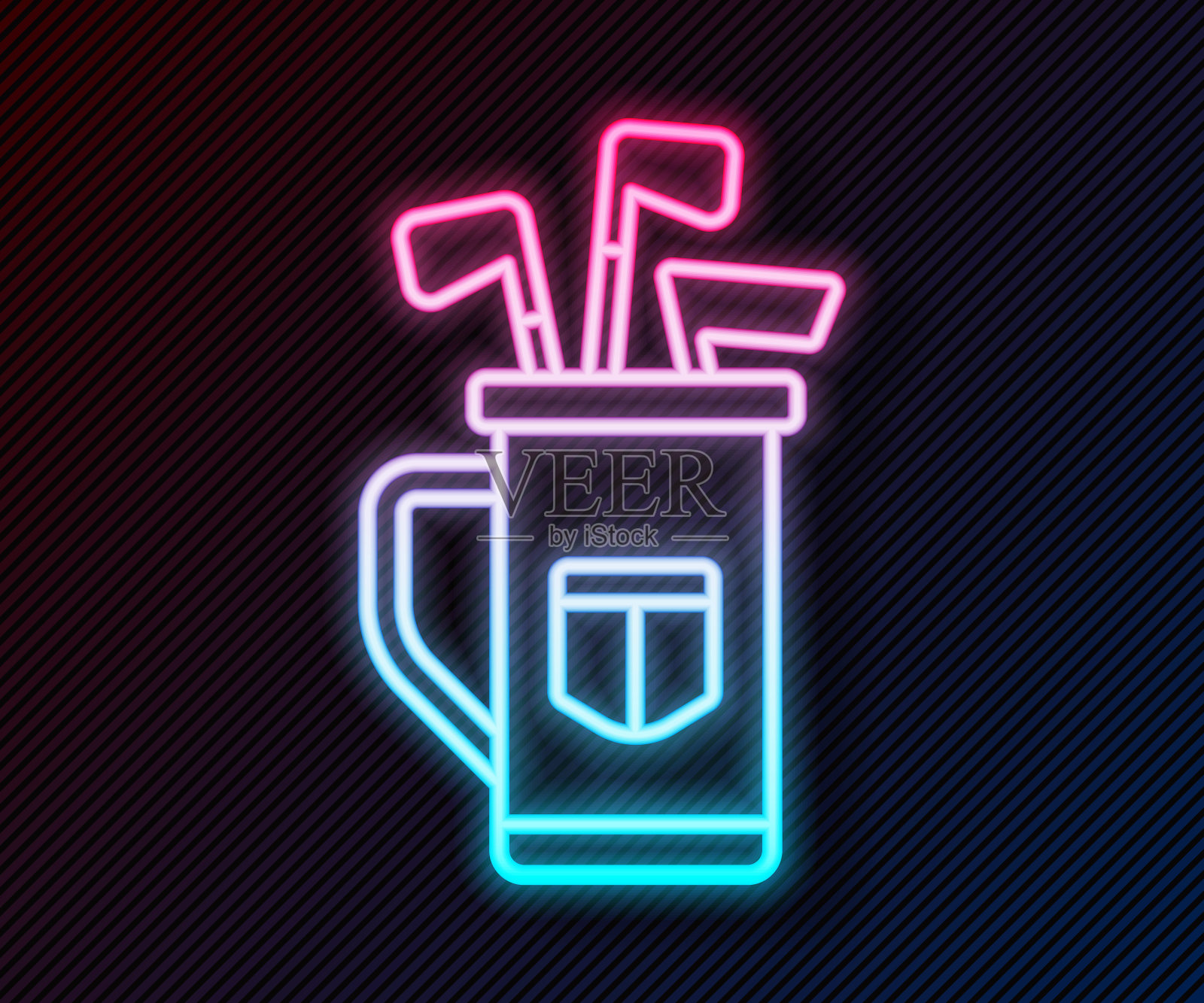 发光的霓虹灯线高尔夫球袋与俱乐部图标孤立在黑色背景。向量插画图片素材