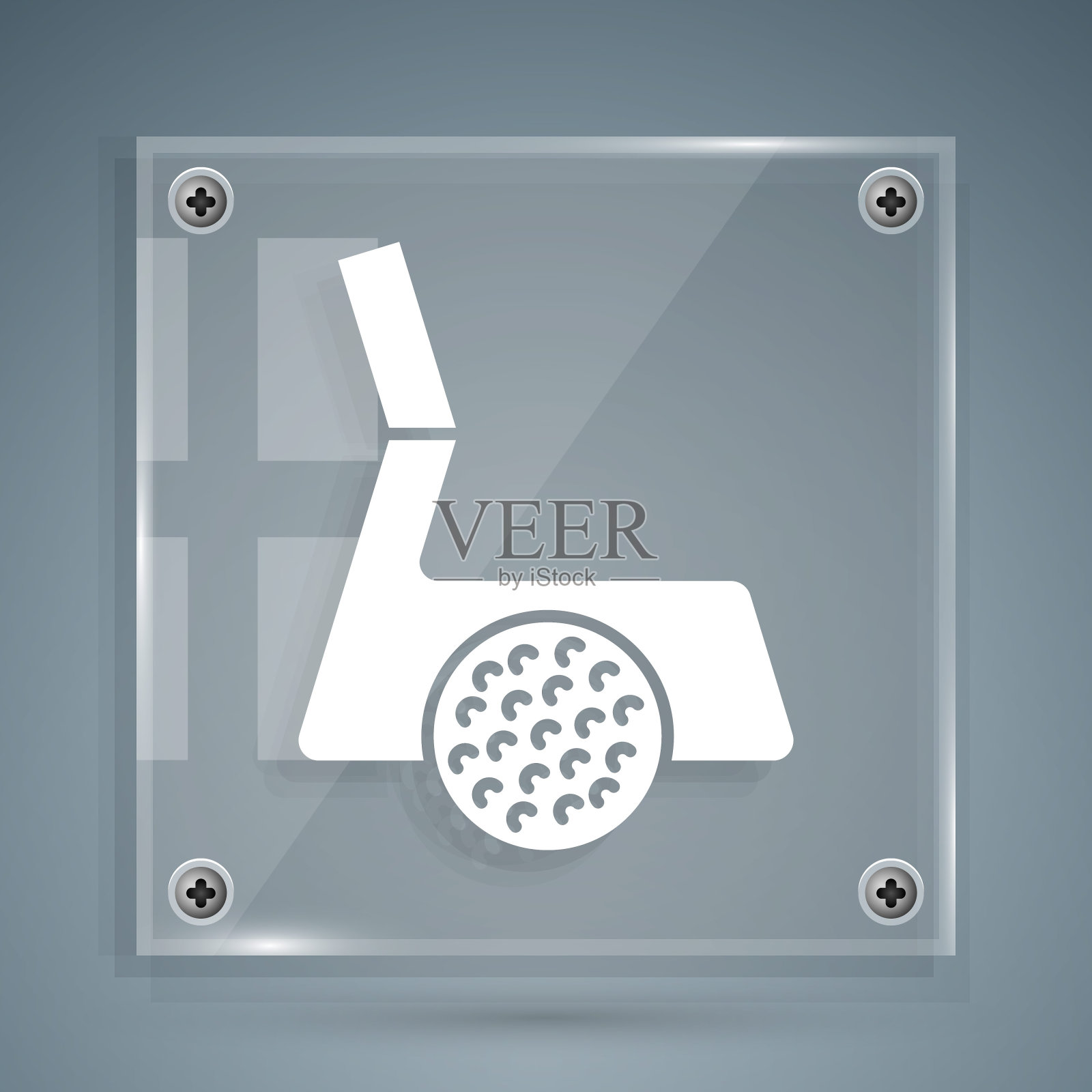 白色高尔夫球杆与球图标孤立在灰色背景。方形玻璃面板。向量图标素材