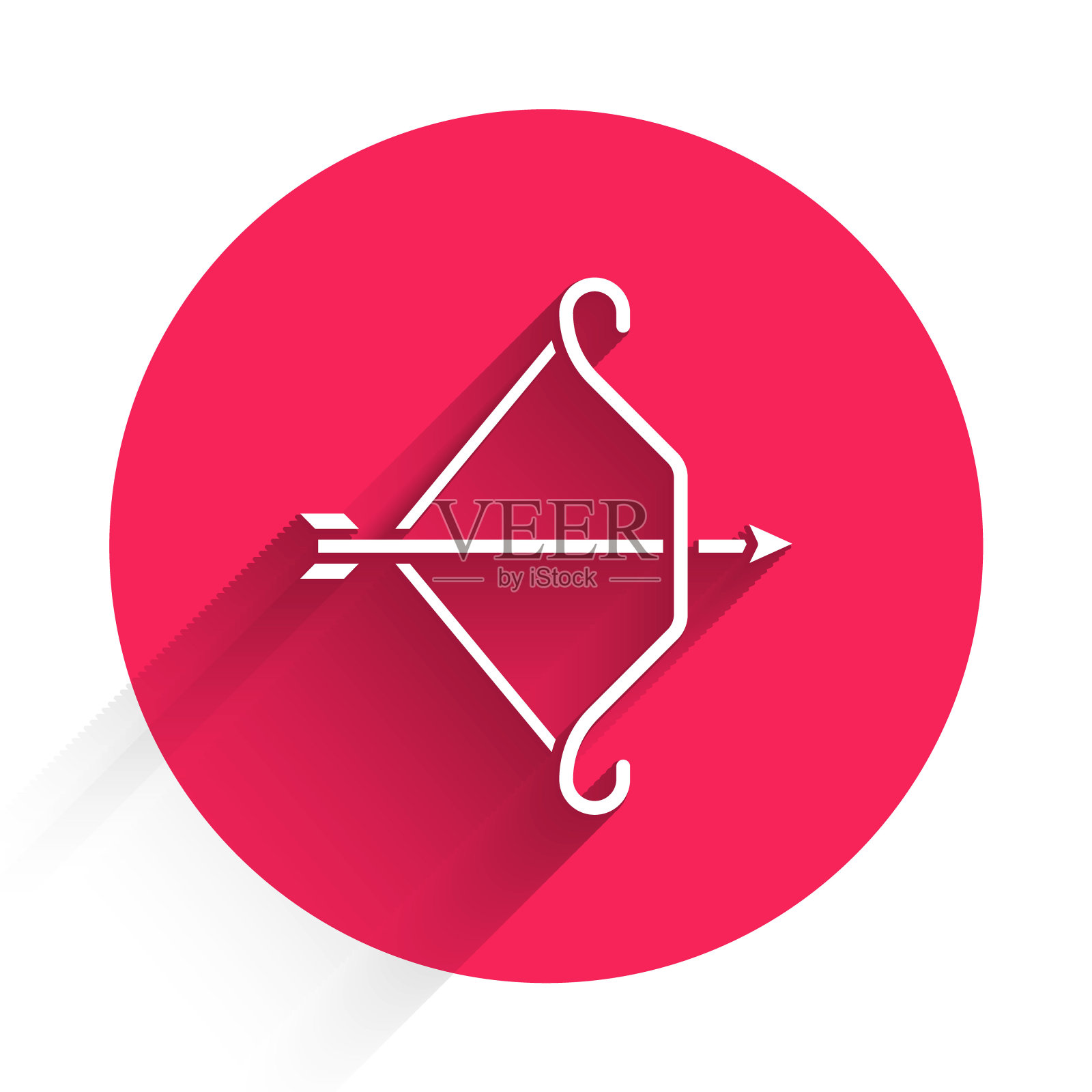 白色中世纪弓与箭头图标孤立与长影子。中世纪的武器。红色圆圈按钮。向量图标素材