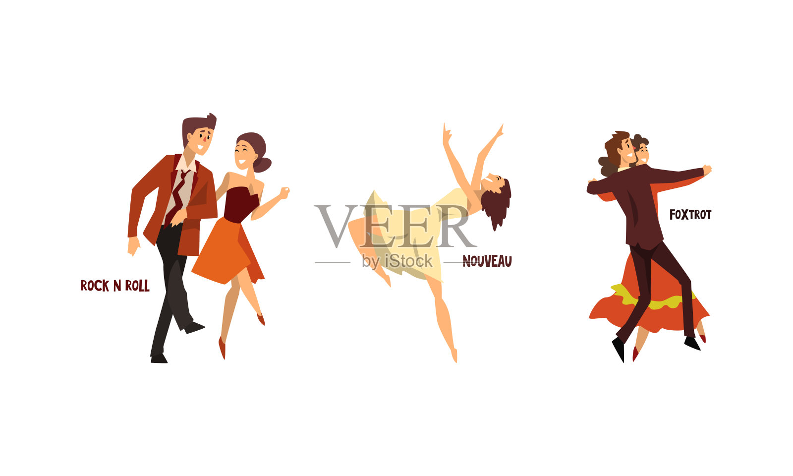 各种风格的舞蹈，专业舞者表演摇滚，狐步舞，新风格，卡通矢量插图插画图片素材