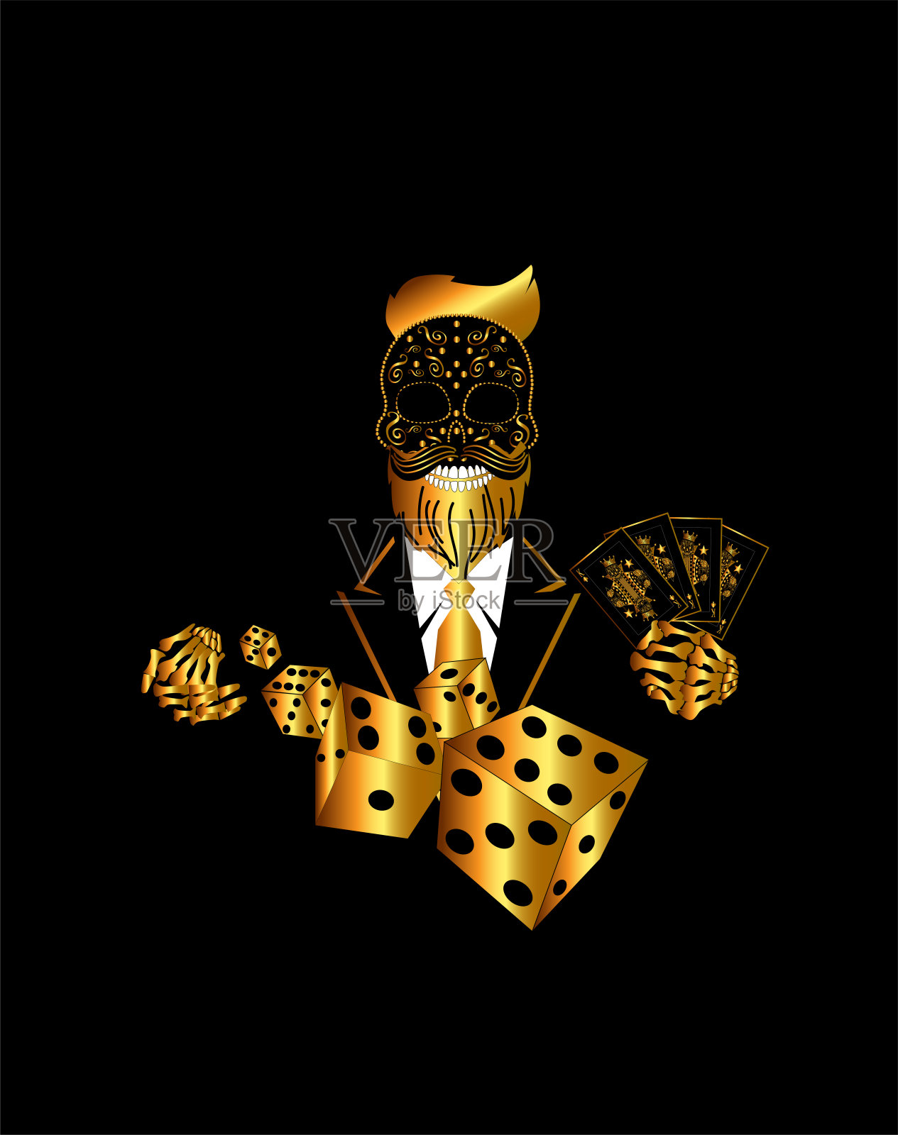 赌场头骨背景与圆柱帽和立方体金。向量插画图片素材