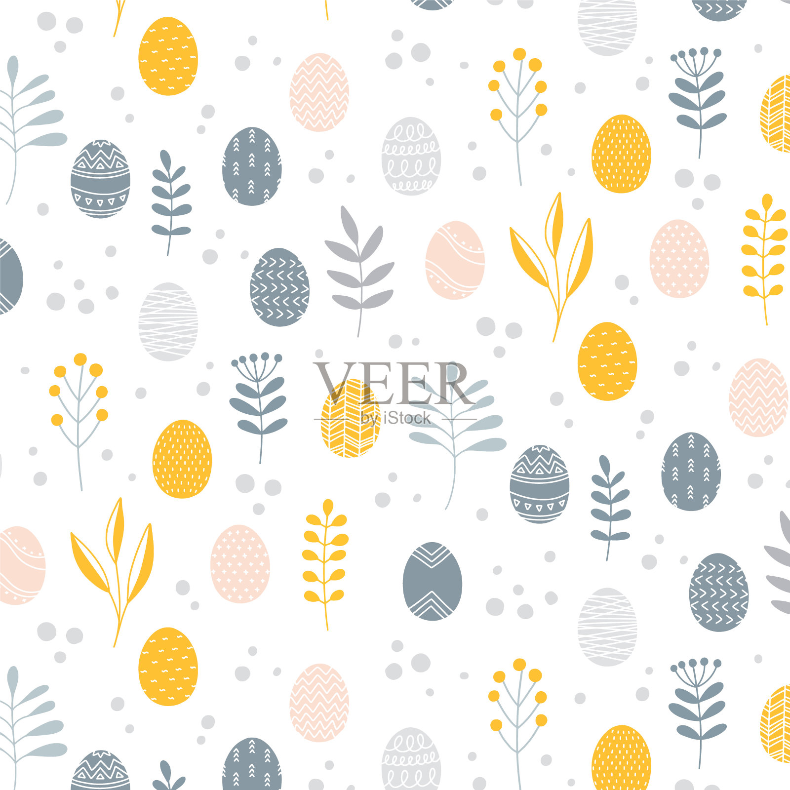 极简主义斯堪的纳维亚自然风格复活节无缝表面图案与绘制的鸡蛋和花卉分支，矢量插图在白色的背景。北欧民间纹理插画图片素材