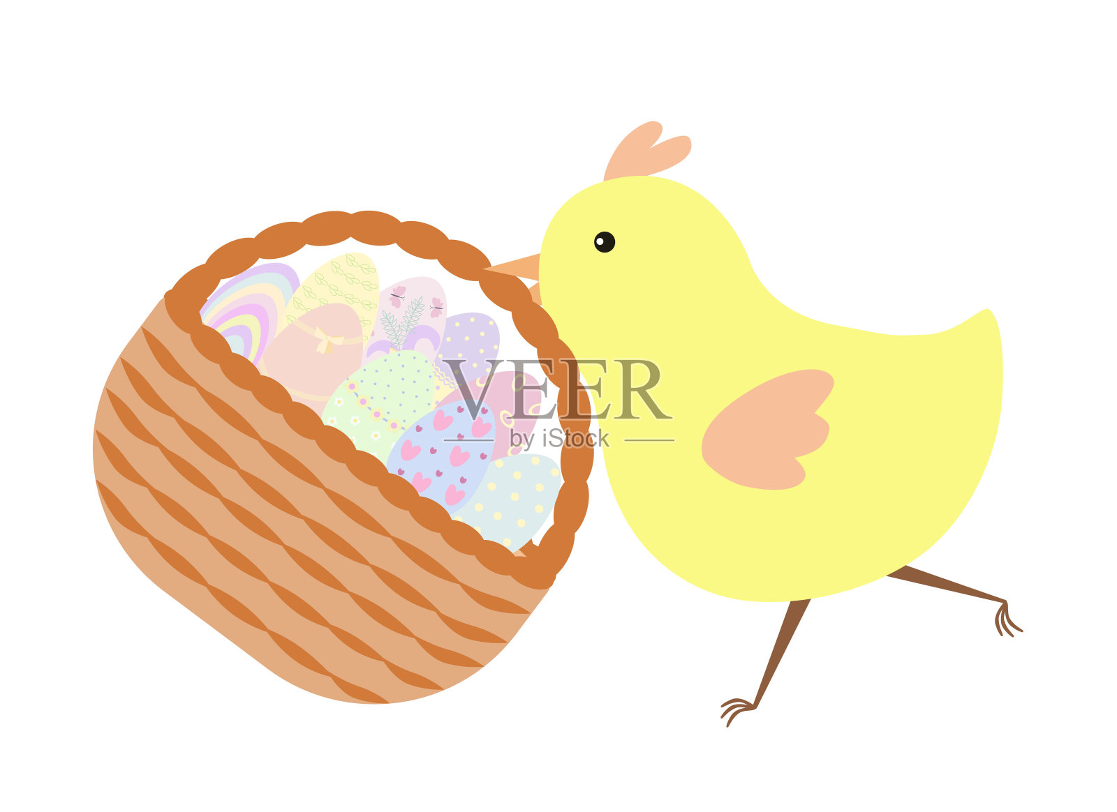 复活节篮子与猫咪柳枝和彩绘鸡蛋，简单的矢量插图在平面风格的春节期间问候卡，邀请，横幅插画图片素材