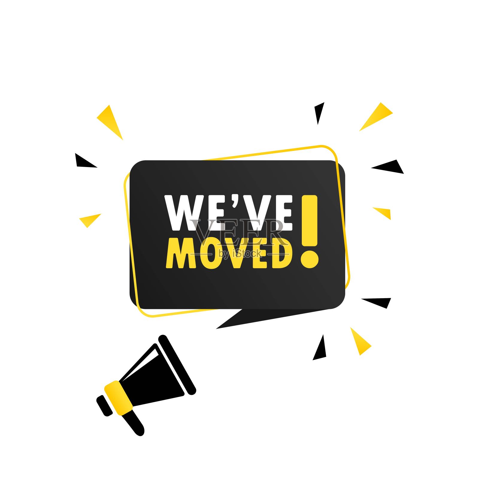 扩音器与我们已经移动语音气泡横幅。扬声器。可用于商业，市场营销和广告。向量EPS 10。在白色背景上隔离插画图片素材