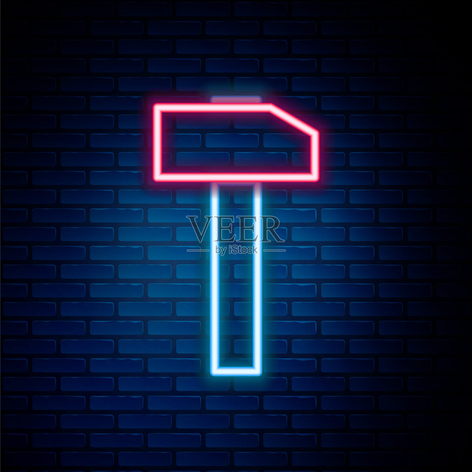 霓虹灯线锤图标孤立在砖墙的背景。修复的工具。色彩斑斓的轮廓的概念。向量插画图片素材