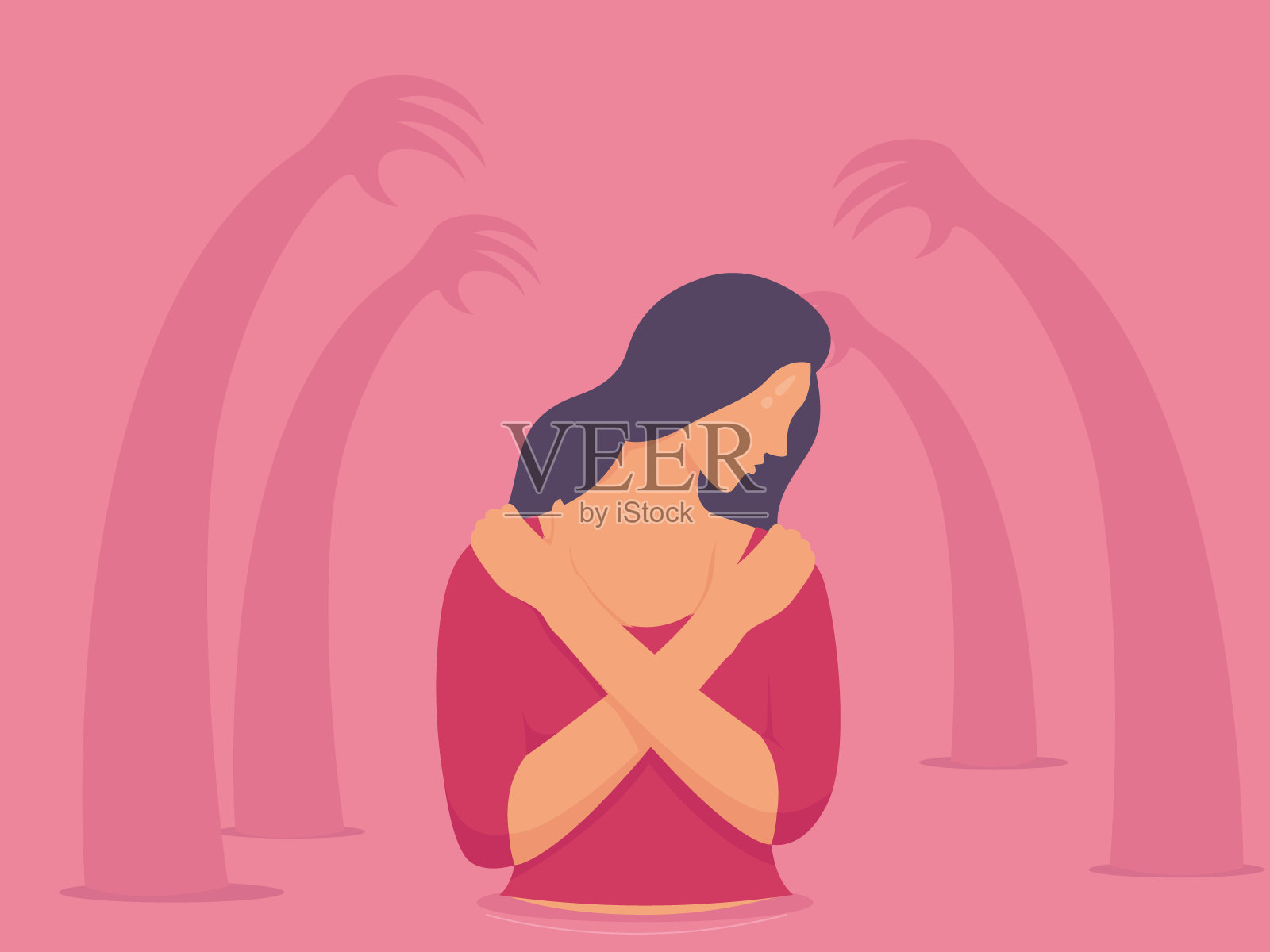 悲伤不幸的年轻女人被内疚的手包围，沮丧的女人用手盖住她的身体。插画图片素材