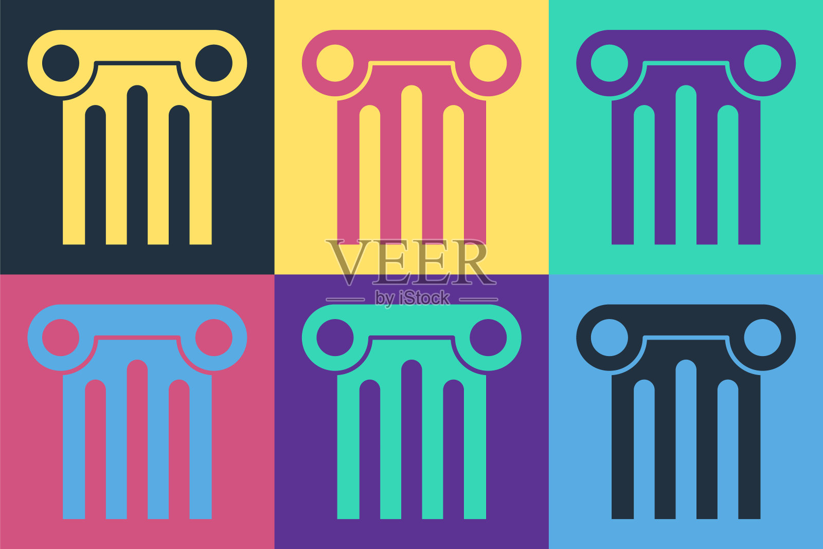 波普艺术古老的柱子图标孤立在色彩背景上。向量图标素材