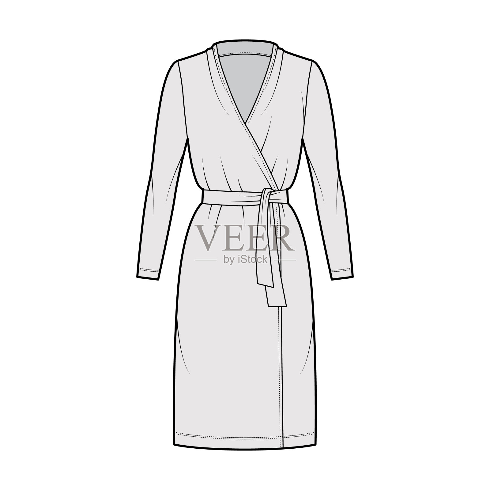 深v领，长袖，超大号，及膝，铅笔剪裁，领带。平插画图片素材