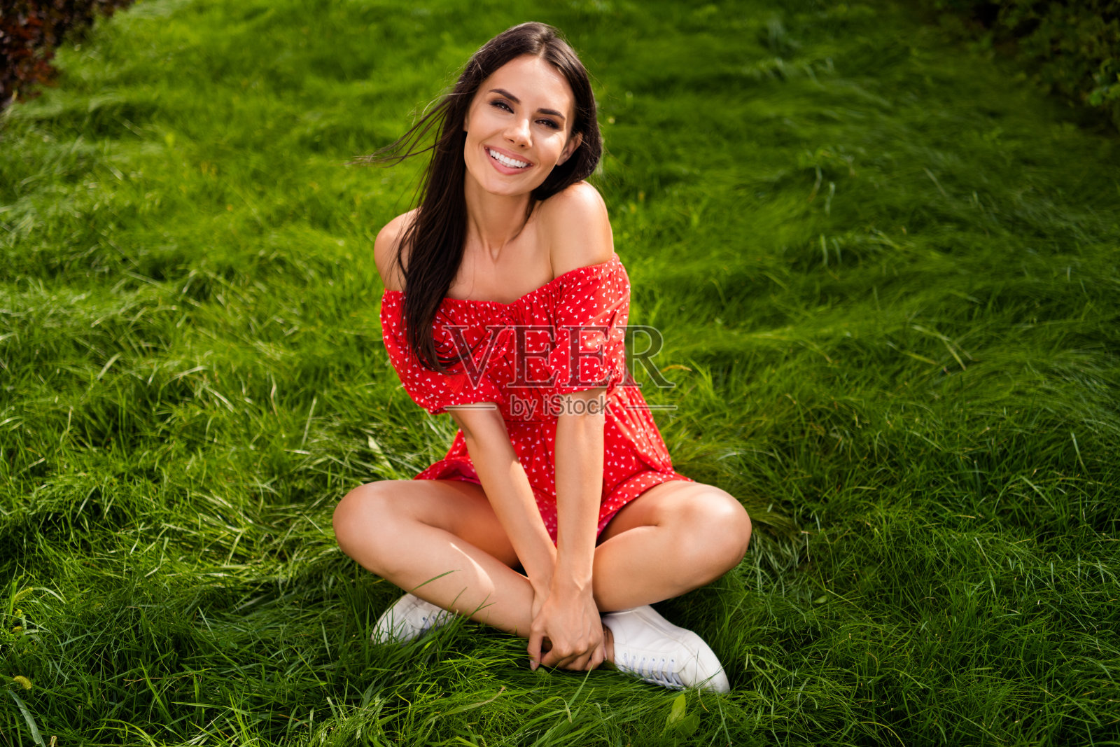 丰满的照片迷人迷人的黑发女人坐在草地草坪穿红色的裙子在公园外面照片摄影图片