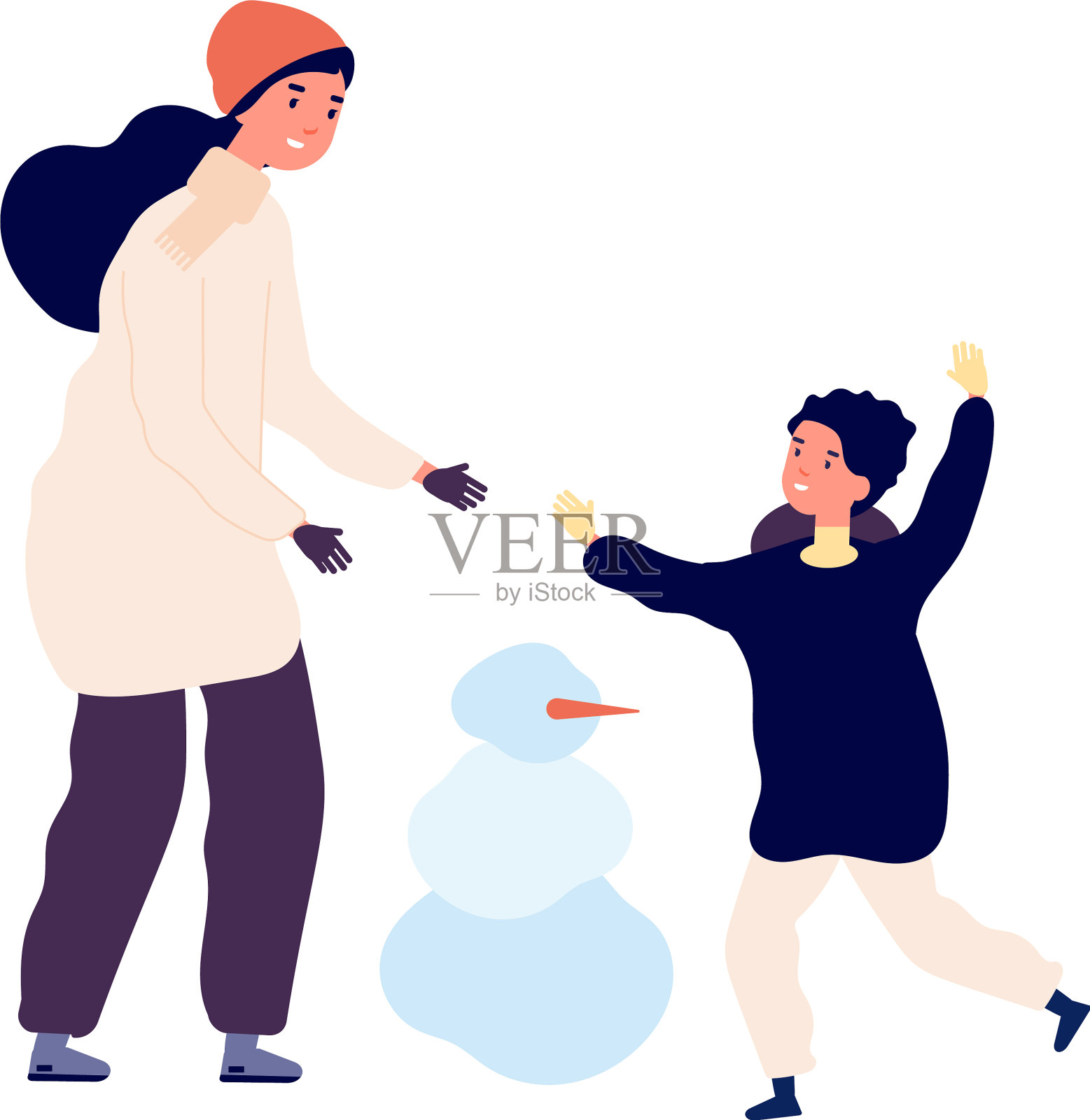 冬天活动妈妈儿子堆雪人开心设计元素图片