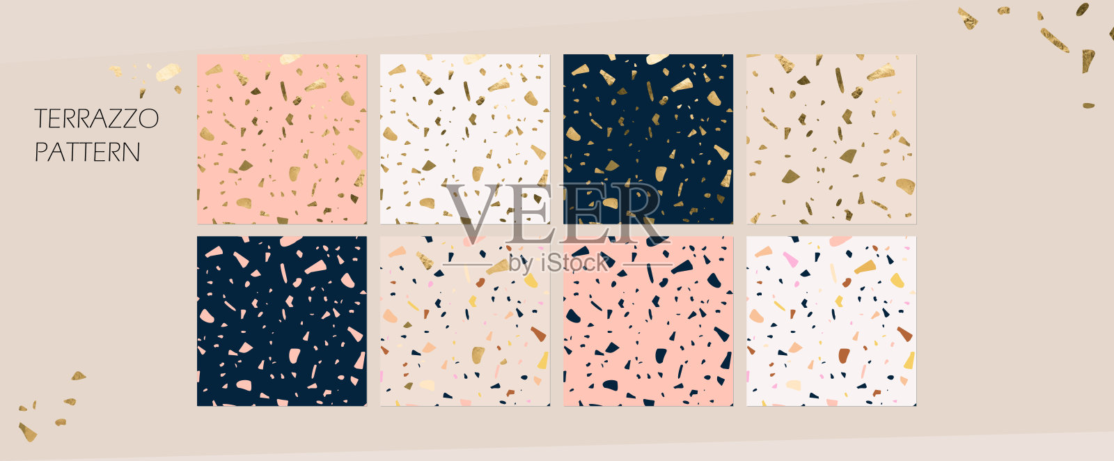 大理石水磨石趋势图案。背景在裸桃中性的颜色。石英金花岗岩纹理。适合室内设计、建筑、美容、化妆品、时尚等内容。插画图片素材