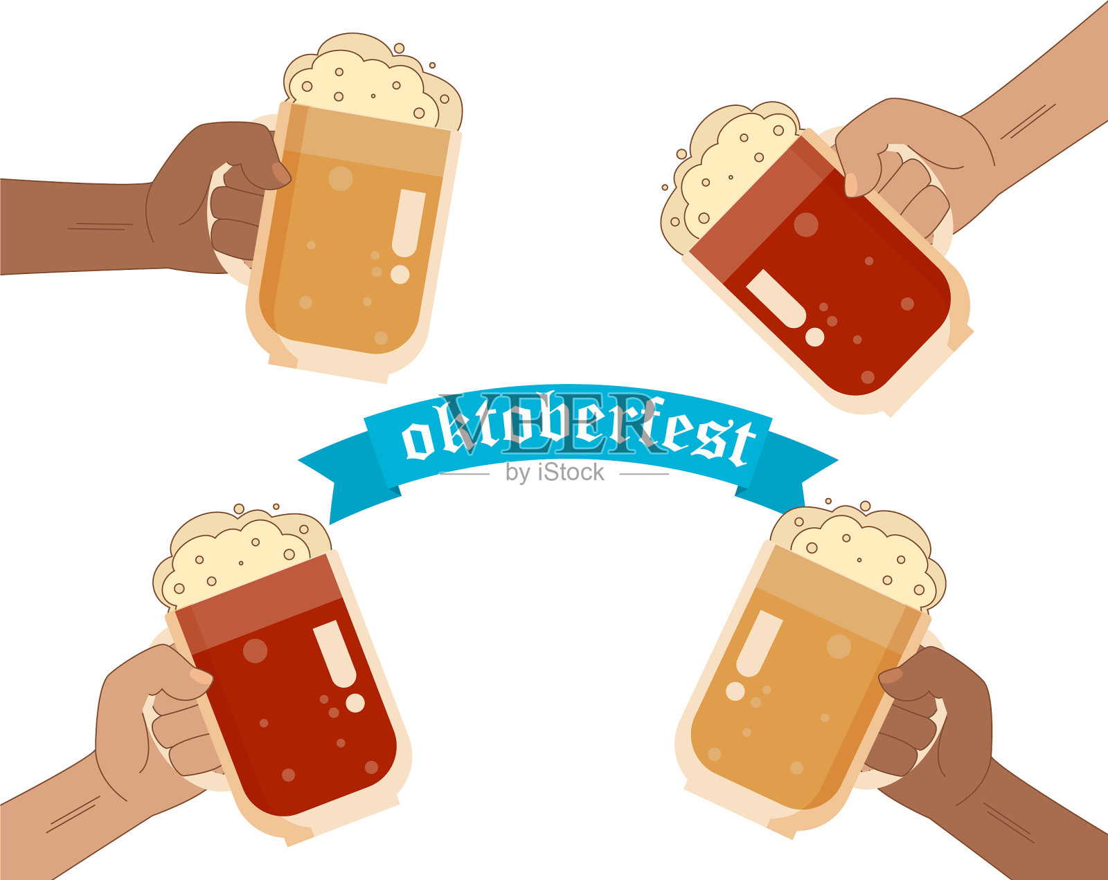 啤酒节的啤酒杯握在不同的手中插画图片素材