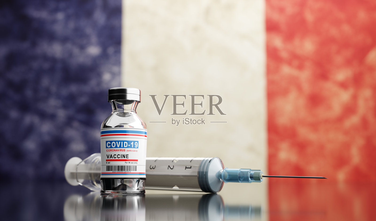 法国国旗上的新冠肺炎疫苗。照片摄影图片