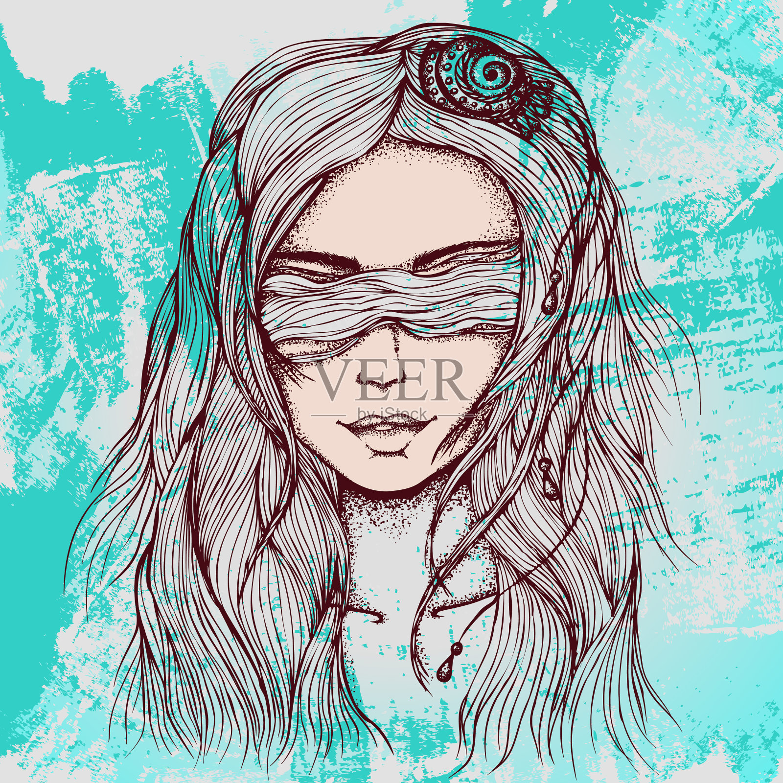 肖像女孩墨水画插画图片素材