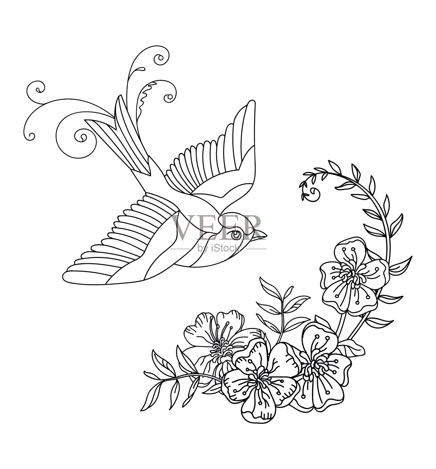 线条艺术鸟花构成设计元素图片