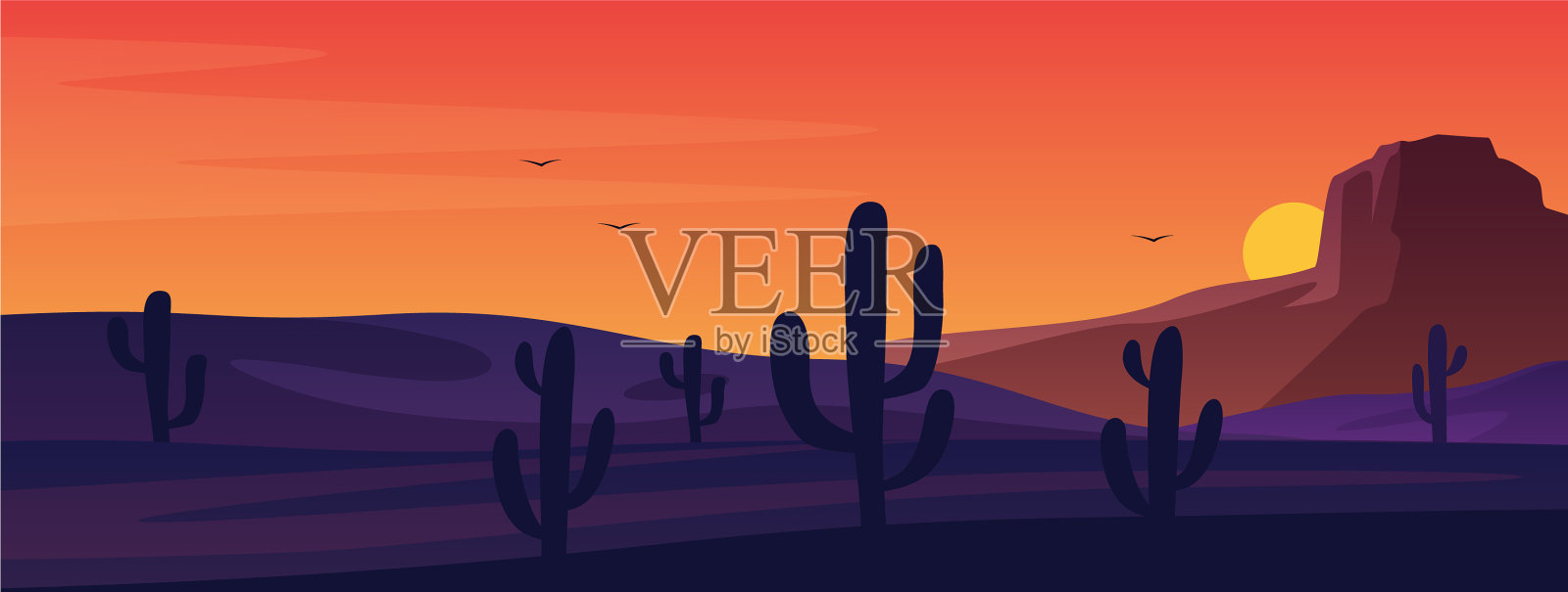 德克萨斯或墨西哥沙漠全景景观插画图片素材