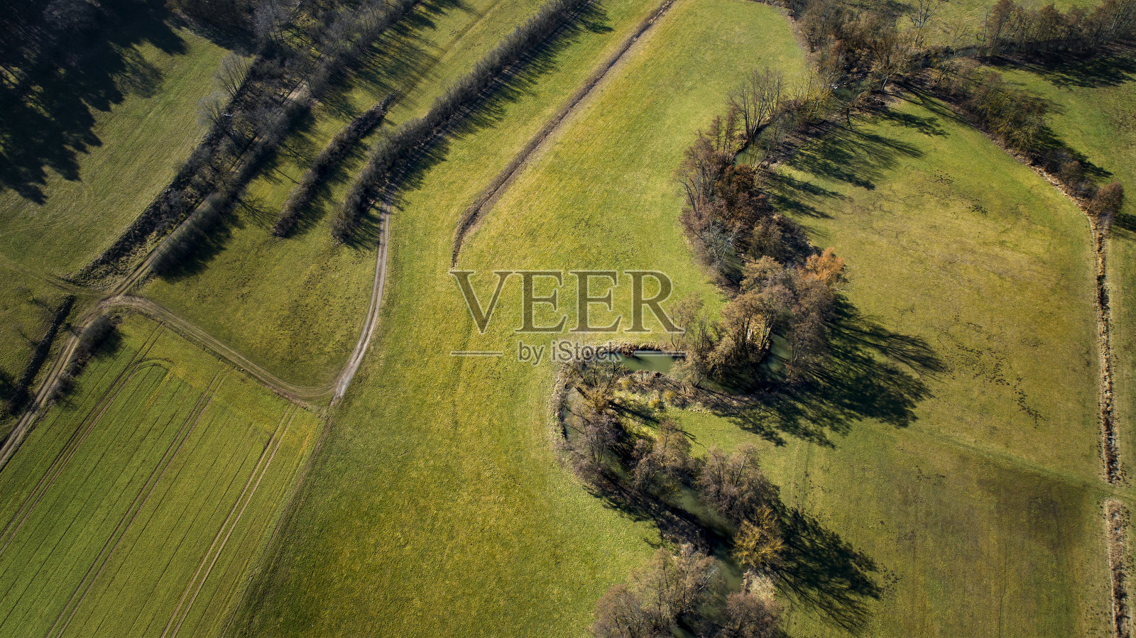 一条小溪蜿蜒流过农田和草地-鸟瞰图照片摄影图片