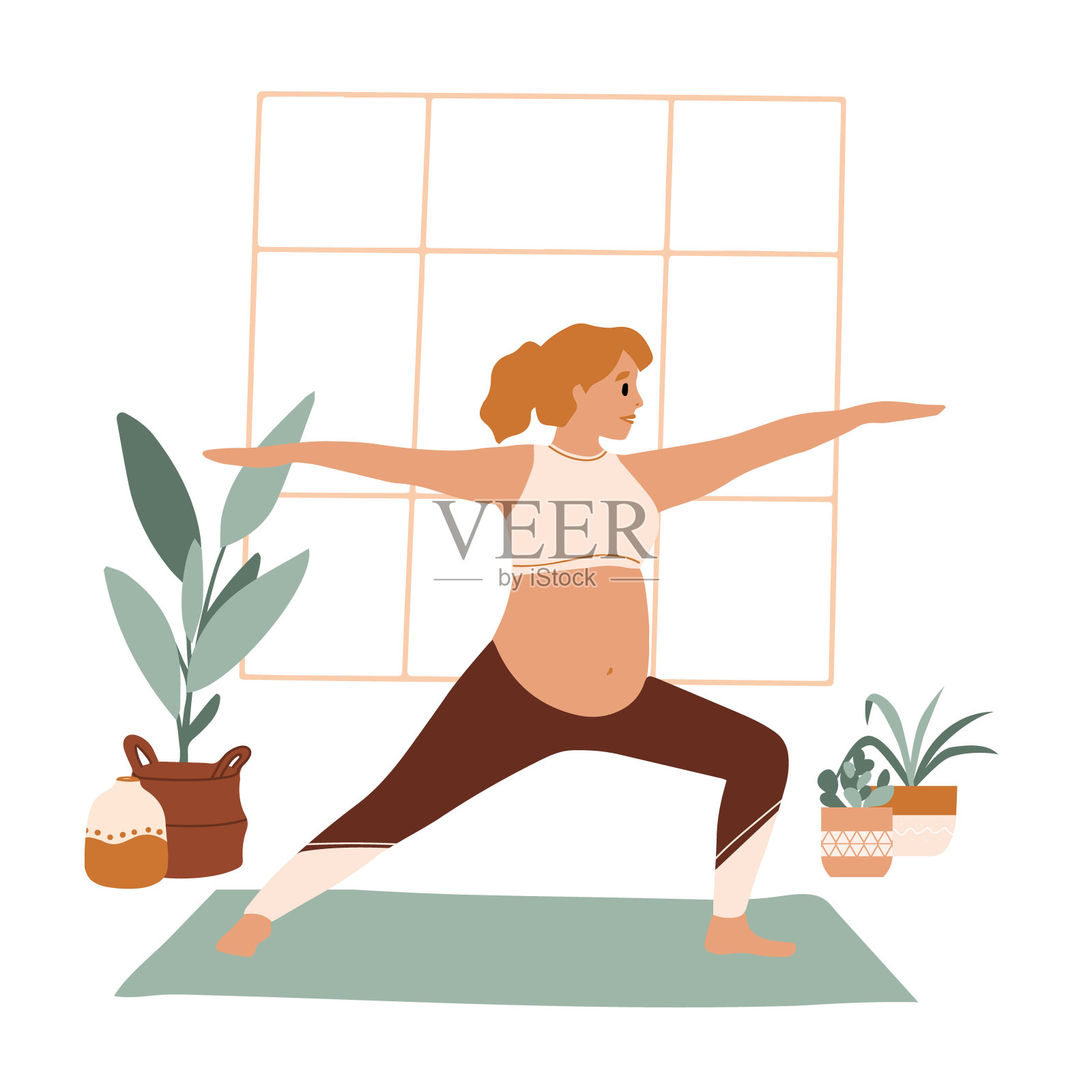 孕妇穿着运动服做伸展运动。年轻的妈妈带着肚子在家或健身房练习产前瑜伽运动课。放松，伸展，锻炼。插画图片素材