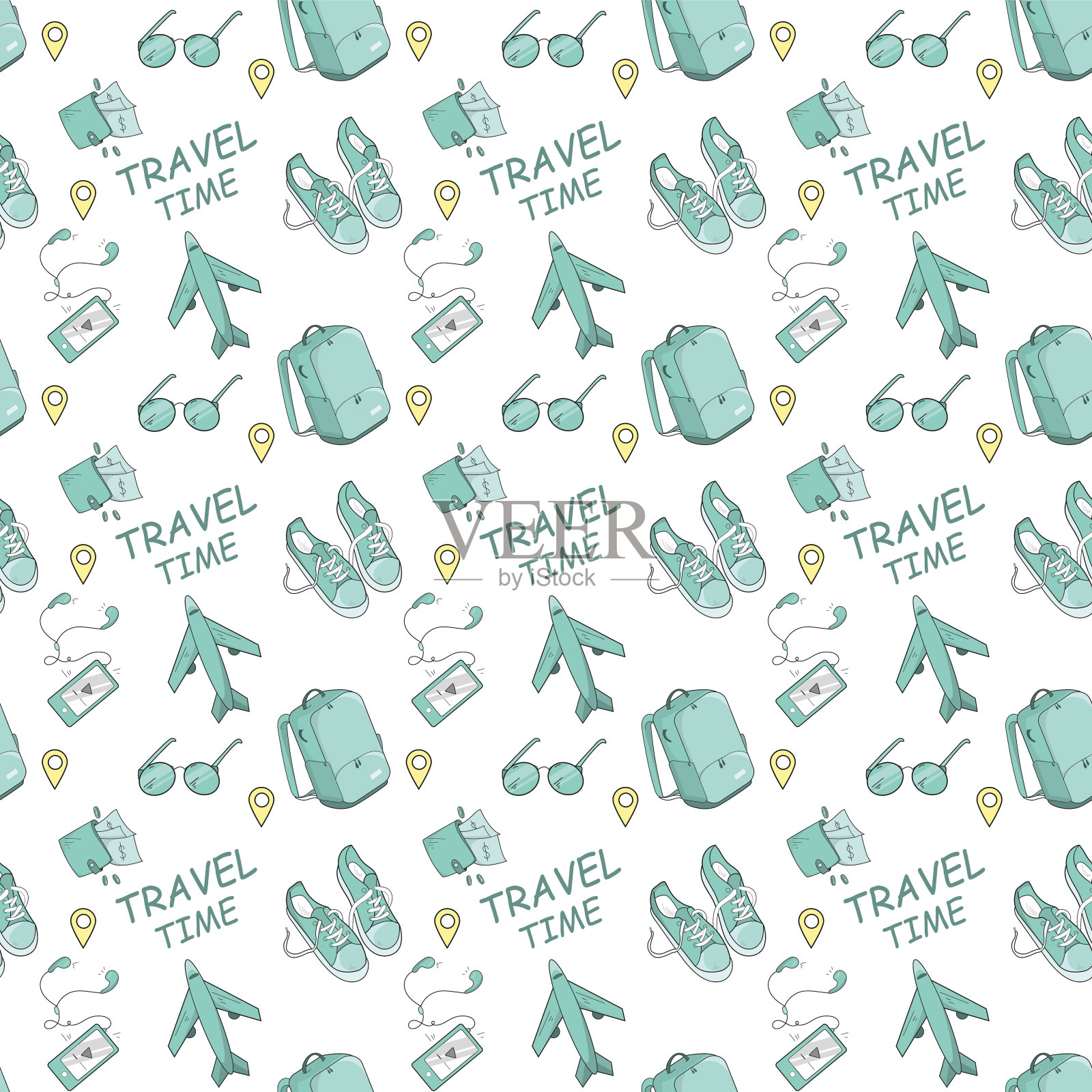 无缝模式的旅游主题涂鸦风格。设计，排版，印刷，标签。插画图片素材