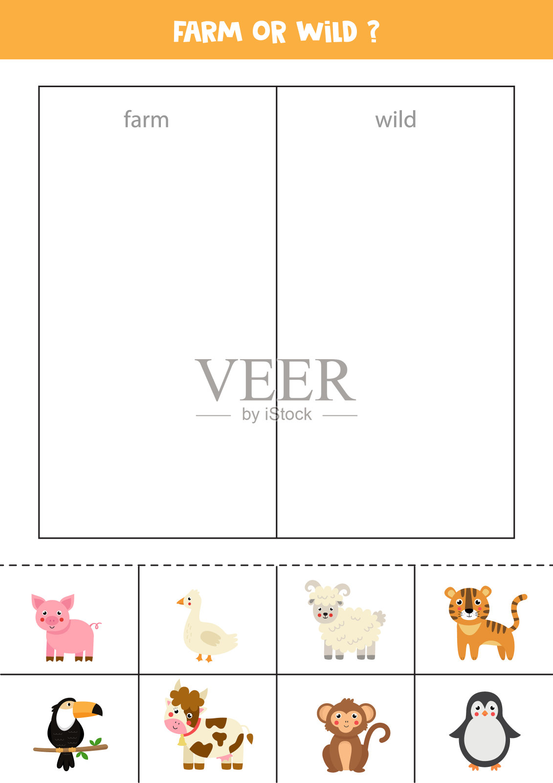 将卡片分为野生动物和农场动物。儿童逻辑游戏。插画图片素材