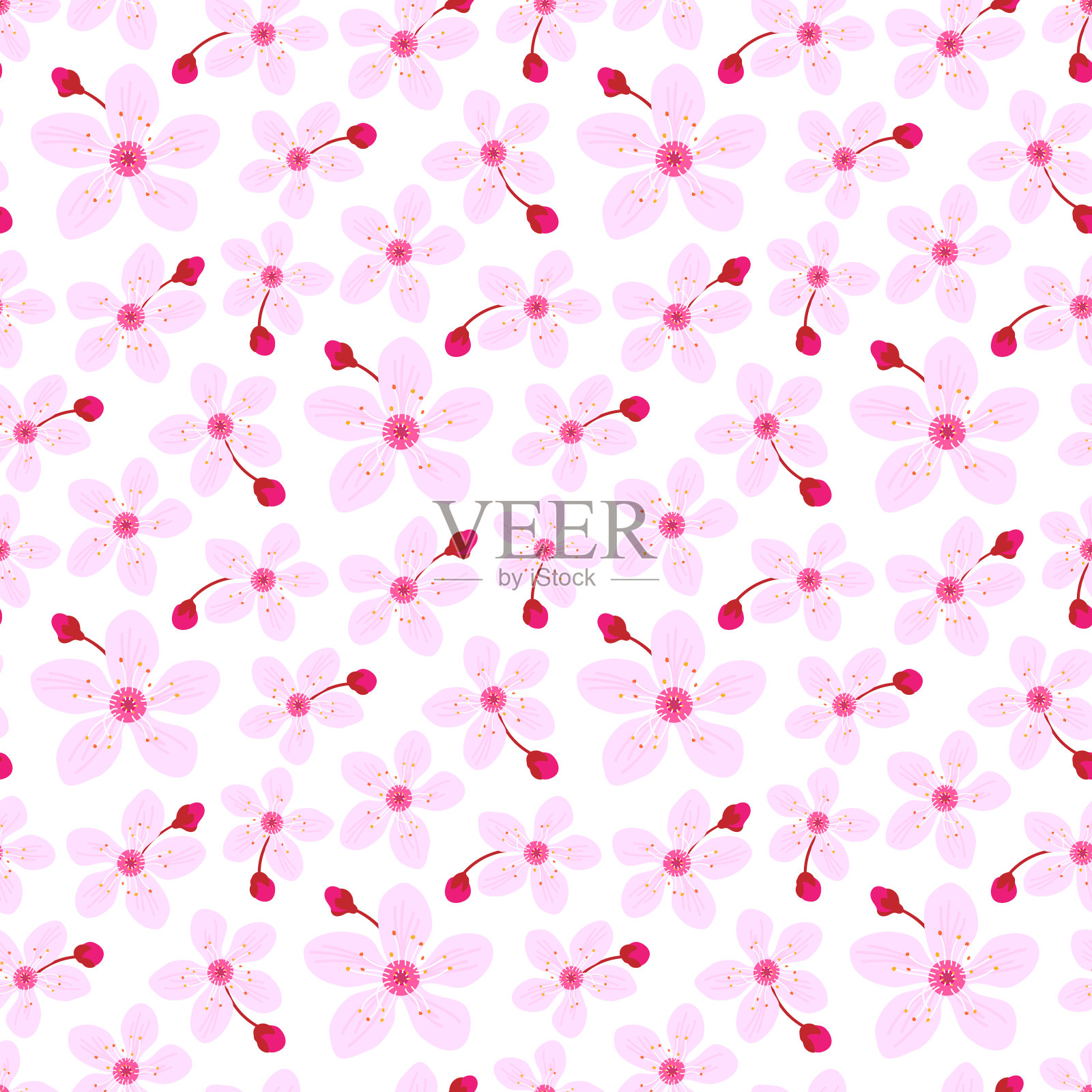 樱花春天无缝图案，可爱的粉红色花印花背景插画图片素材