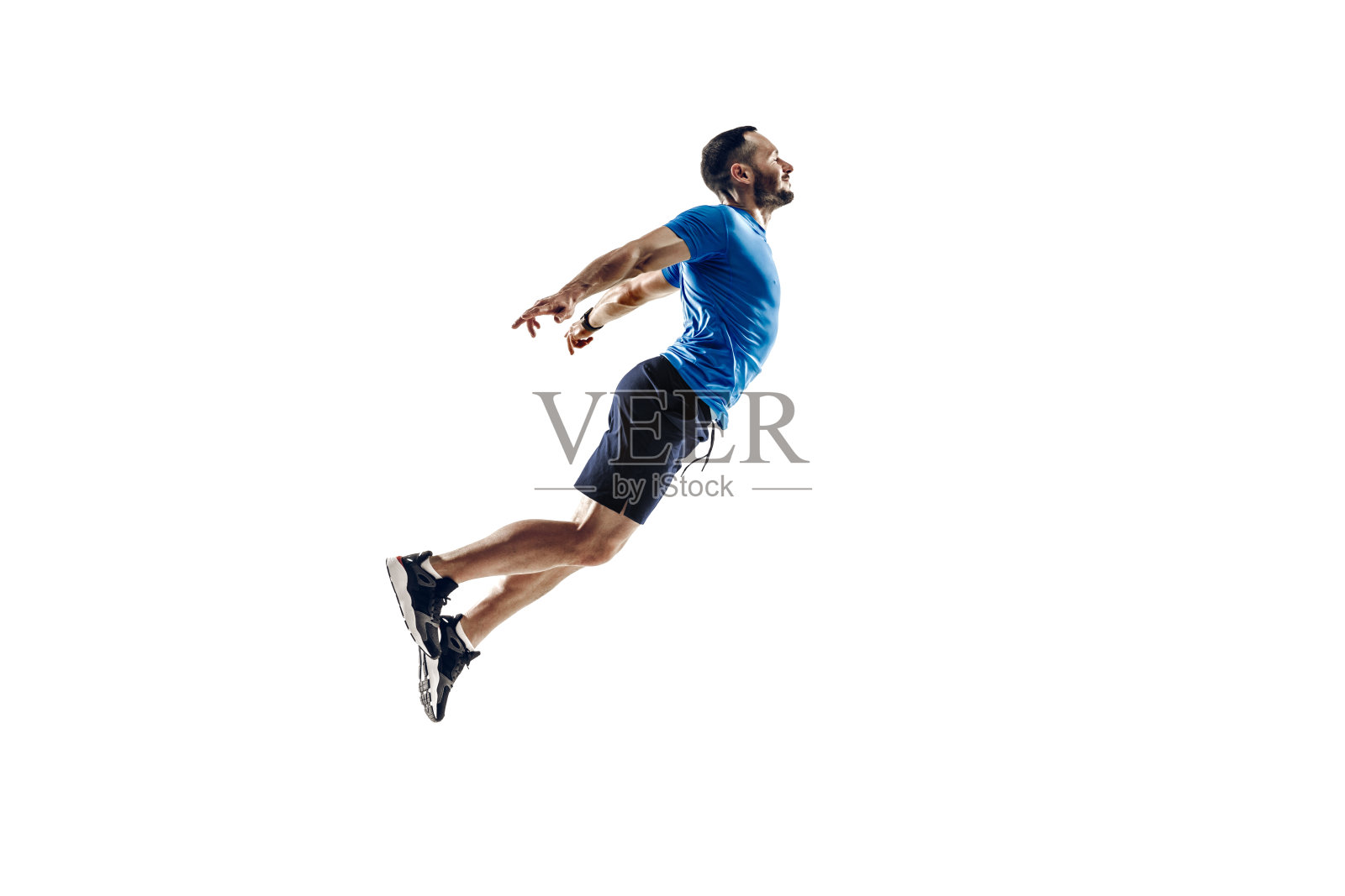 白人职业男性跑步者，运动员训练孤立在白人工作室背景。Copyspace广告。照片摄影图片